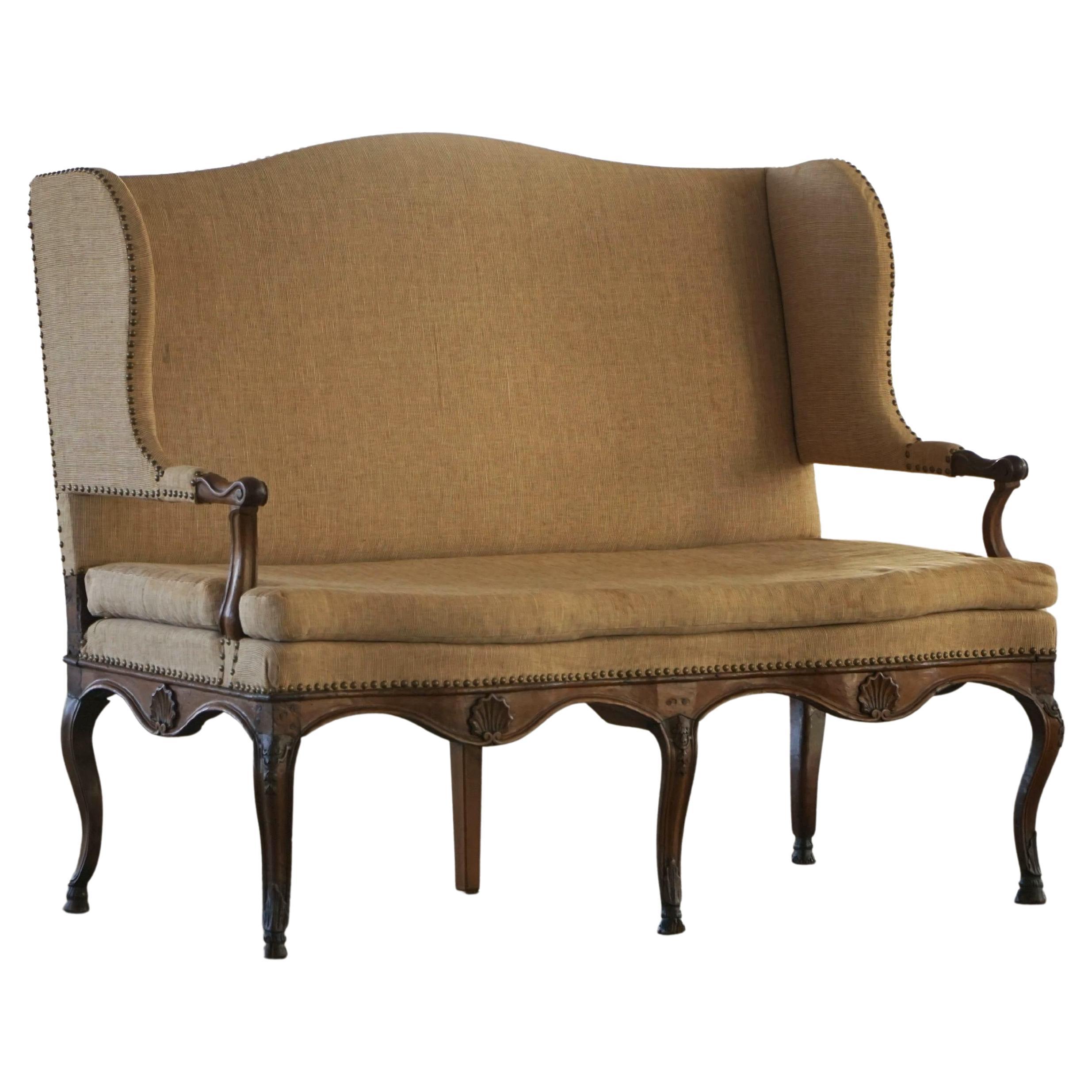 18th-Century Rococo Sofa, Carved Oak Frame and Original Upholstery, Sweden For Sale