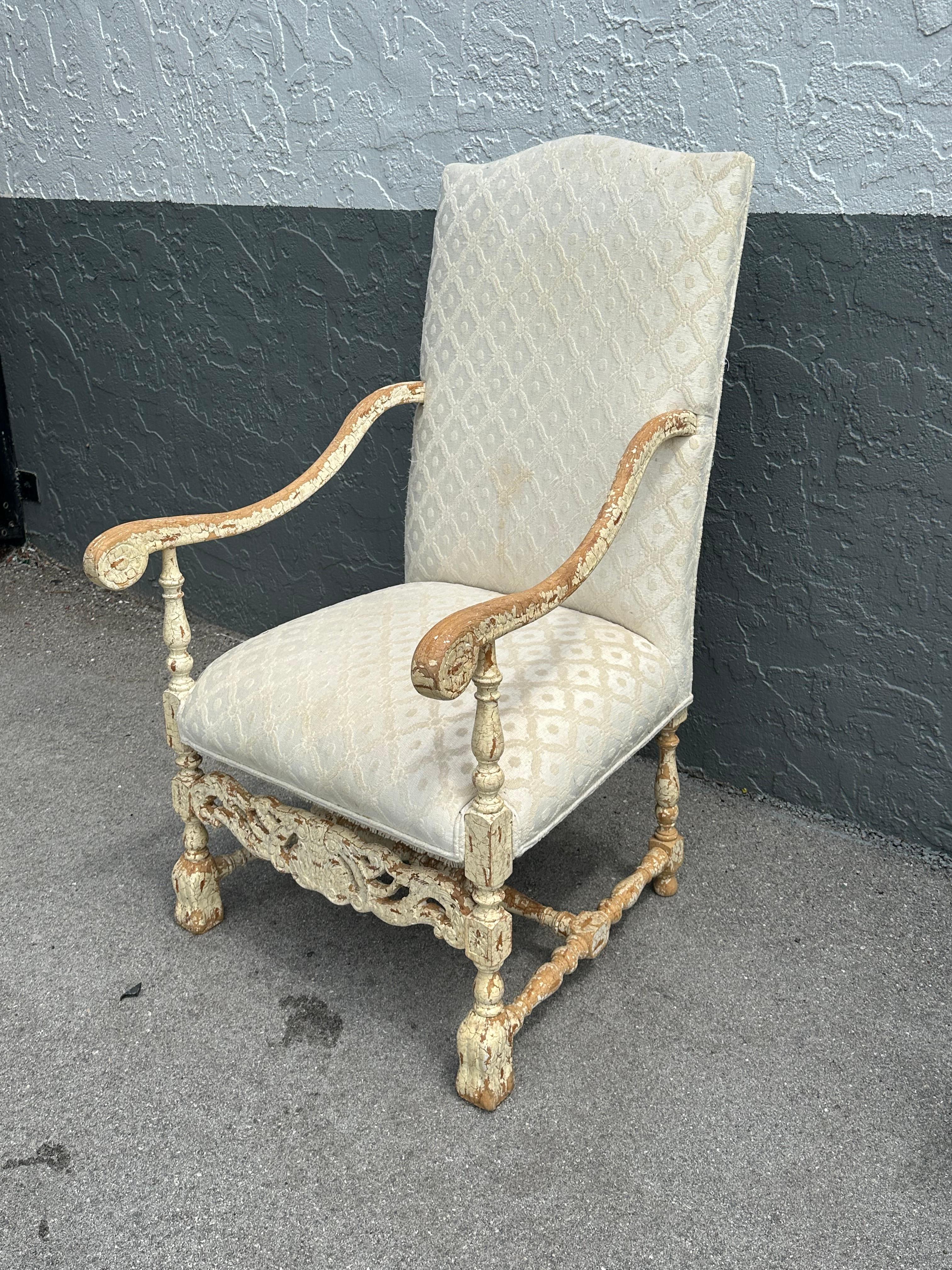 Wonderful armchair of mid-18th century Rococo period, circa 1760, Sweden with rocaille carvings on the seat rail and pierced splat, cabriole legs, H-shaped stretcher and slip seat covered with hand loom linen. Scraped back to traces of its original