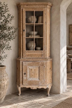 18th Century Rococo Swedish Scraped to Original Painted Pine Corner Cabinet