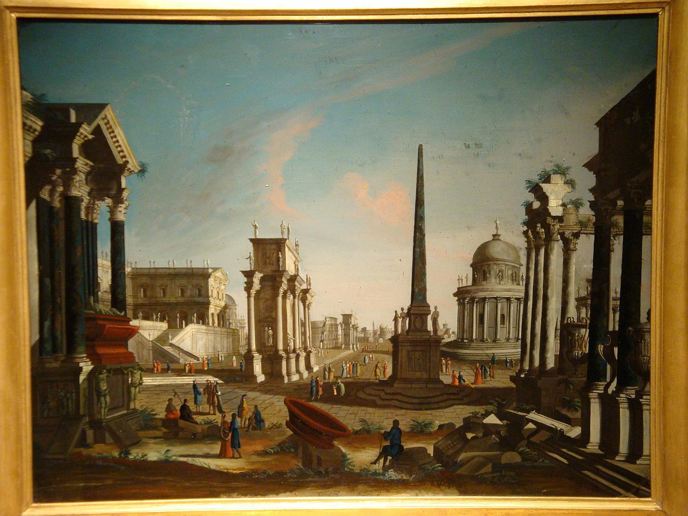 Francesco Chiarottini (1748-1796)
Römisches architektonisches Capriccio
Öl auf Glas, cm 52 x 67 ohne Rahmen, 63,5 x 79cm mit Rahmen

Das wertvolle Gemälde, das dem italienischen Maler Francesco Chiarottini zugeschrieben wird und aus Öl auf Glas