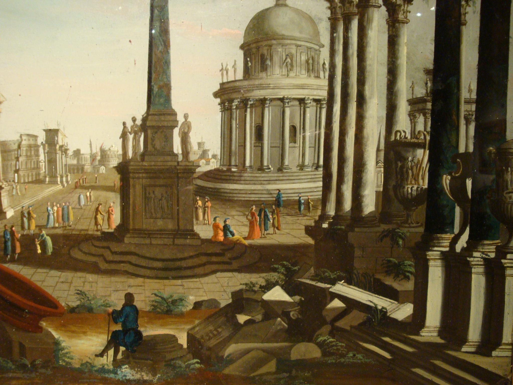 Dipinto a mano Capriccio architettonico romano del XVIII secolo attribuito a Francesco Chiarottini in vendita