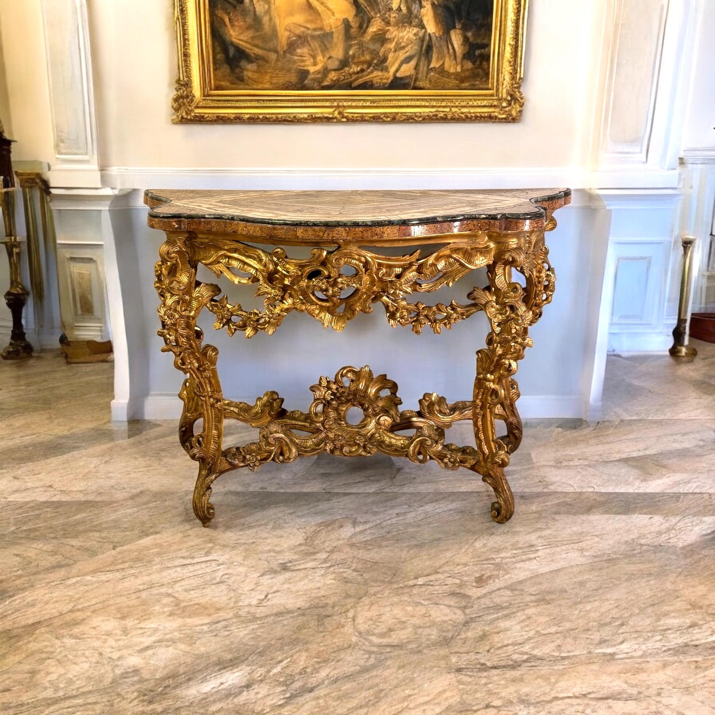 Louis XV 18th Century Roman Giltwood  Console Table with a Precious Marble Top
