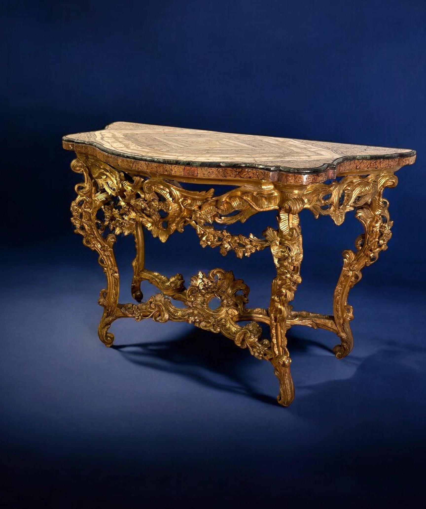 Italian 18th Century Roman Giltwood  Console Table with a Precious Marble Top