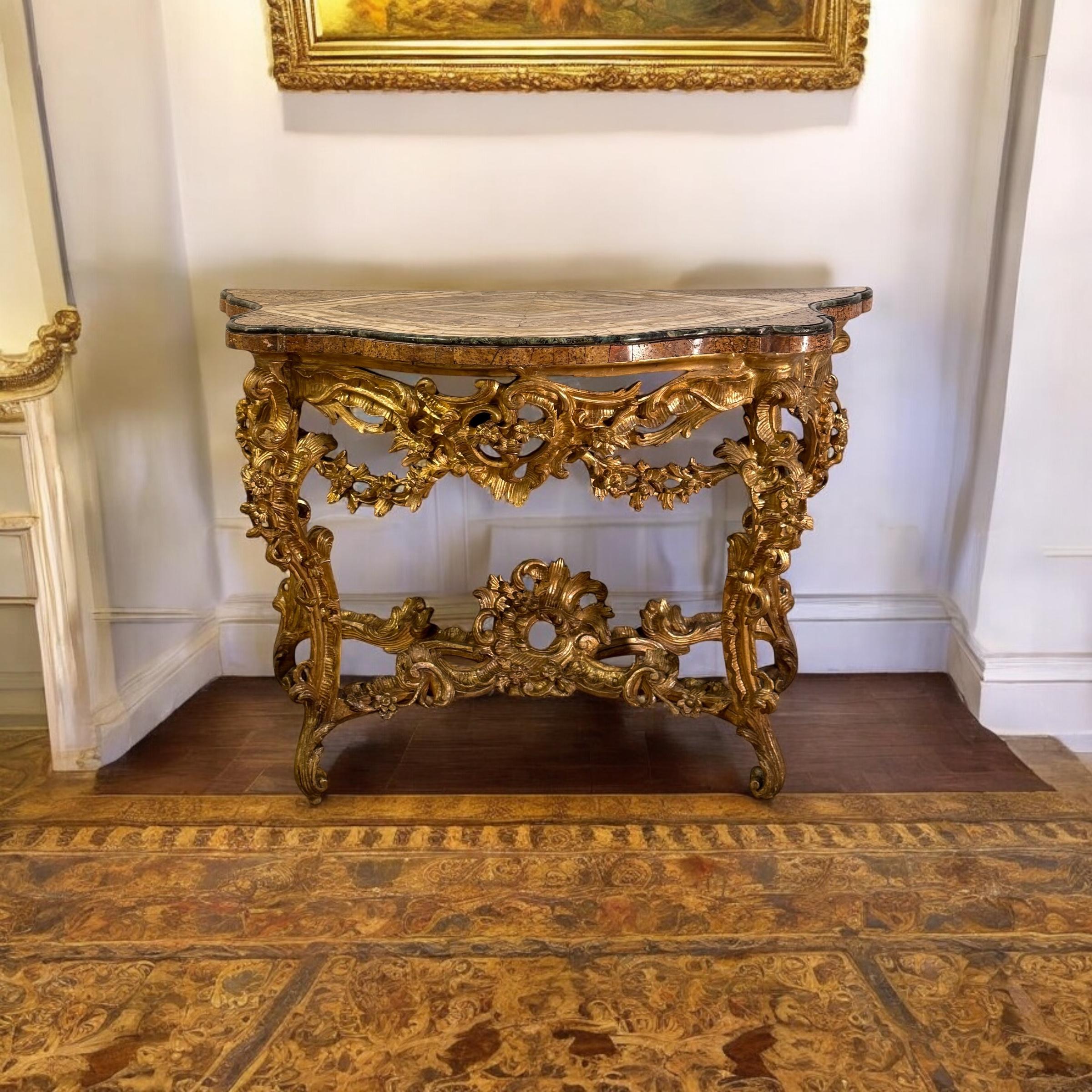 18th Century and Earlier 18th Century Roman Giltwood  Console Table with a Precious Marble Top