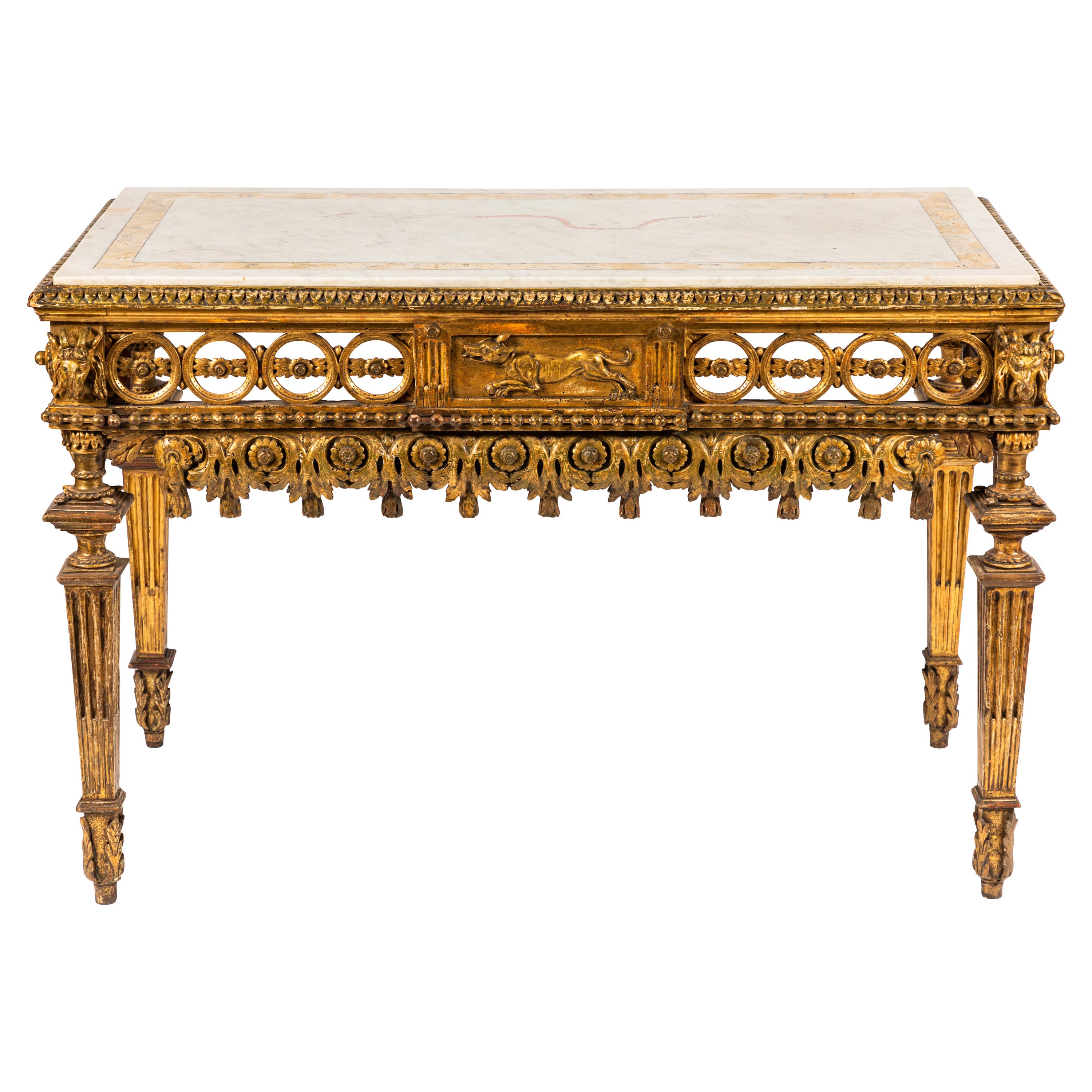 Consola romana del siglo XVIII con tapa de mármol y madera dorada
