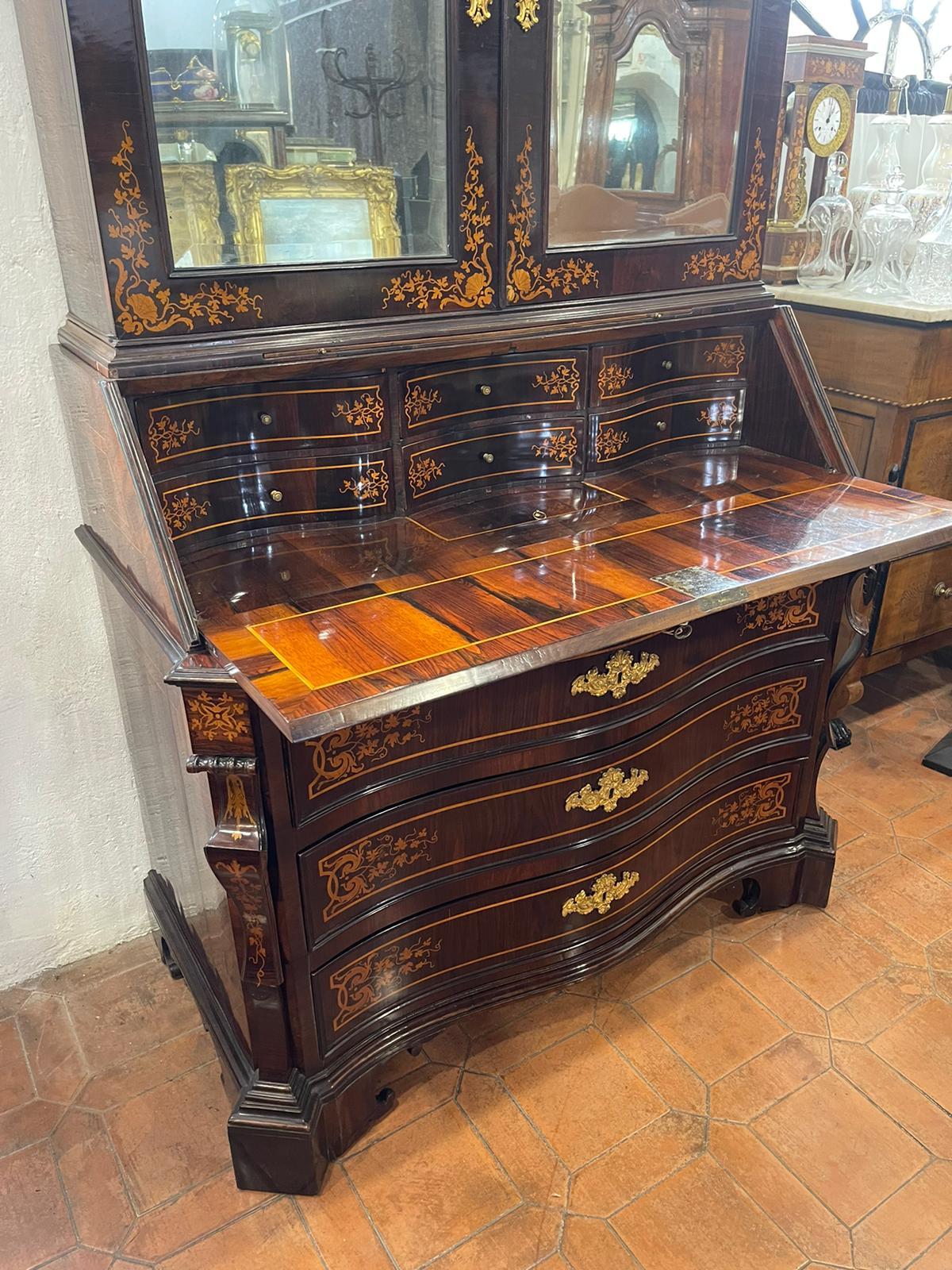 Inlay 18th Century Roman Louis XIV Rosewood Inlaid Trumeau Bookcase Secretaire