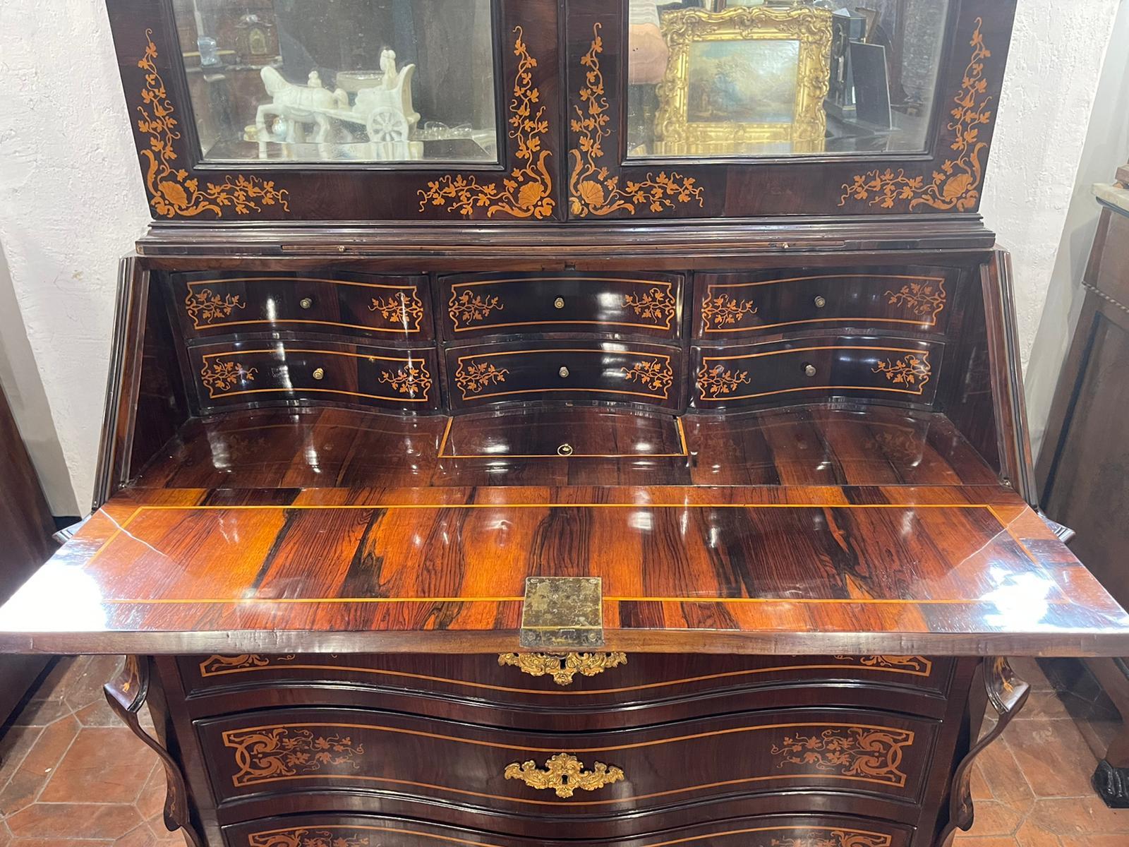 Mid-18th Century 18th Century Roman Louis XIV Rosewood Inlaid Trumeau Bookcase Secretaire