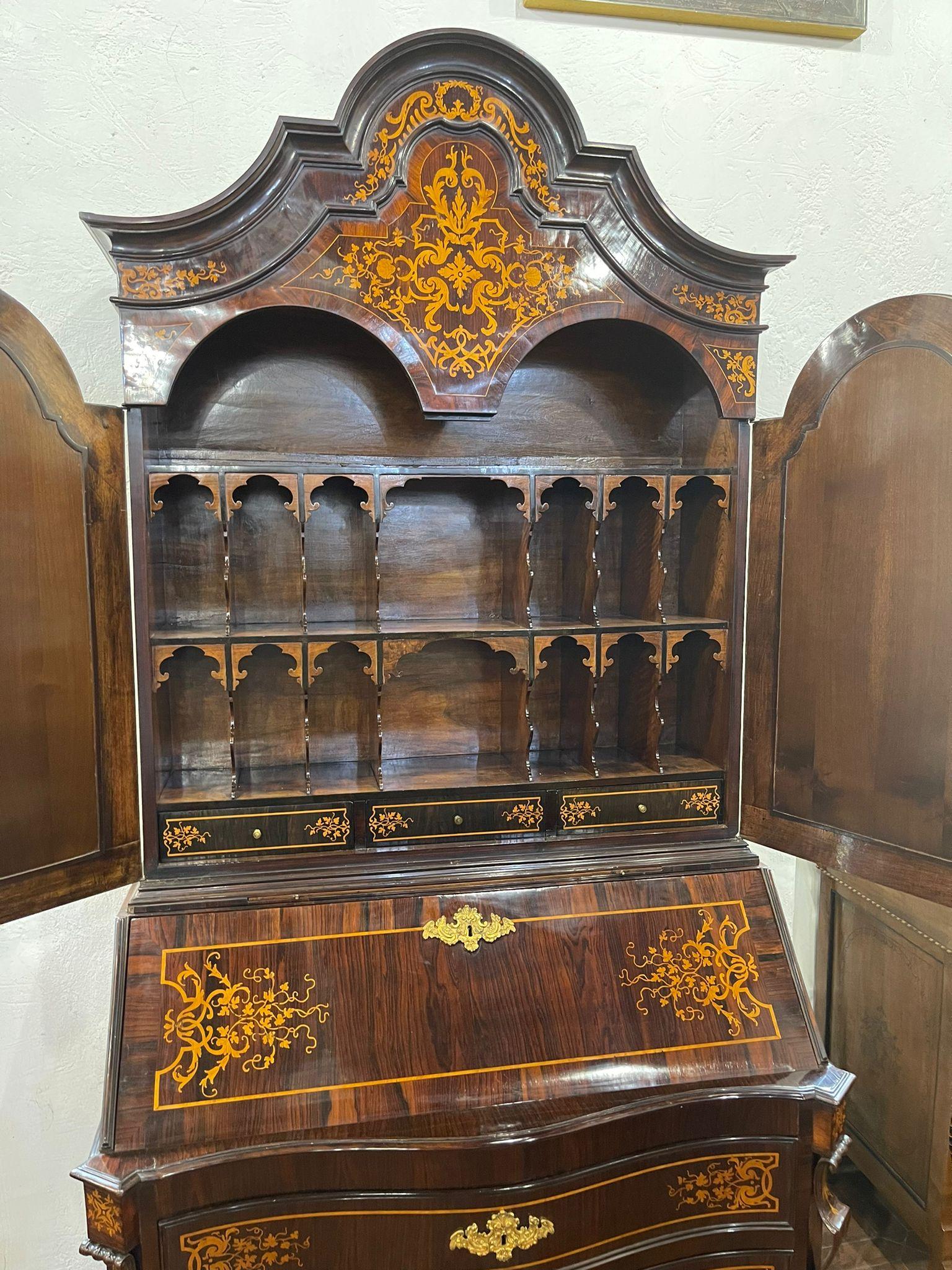 18th Century Roman Louis XIV Rosewood Inlaid Trumeau Bookcase Secretaire 2