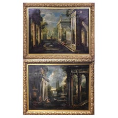 Antique 18th Century, Roman Ruins and Landscape Paintings, Pair