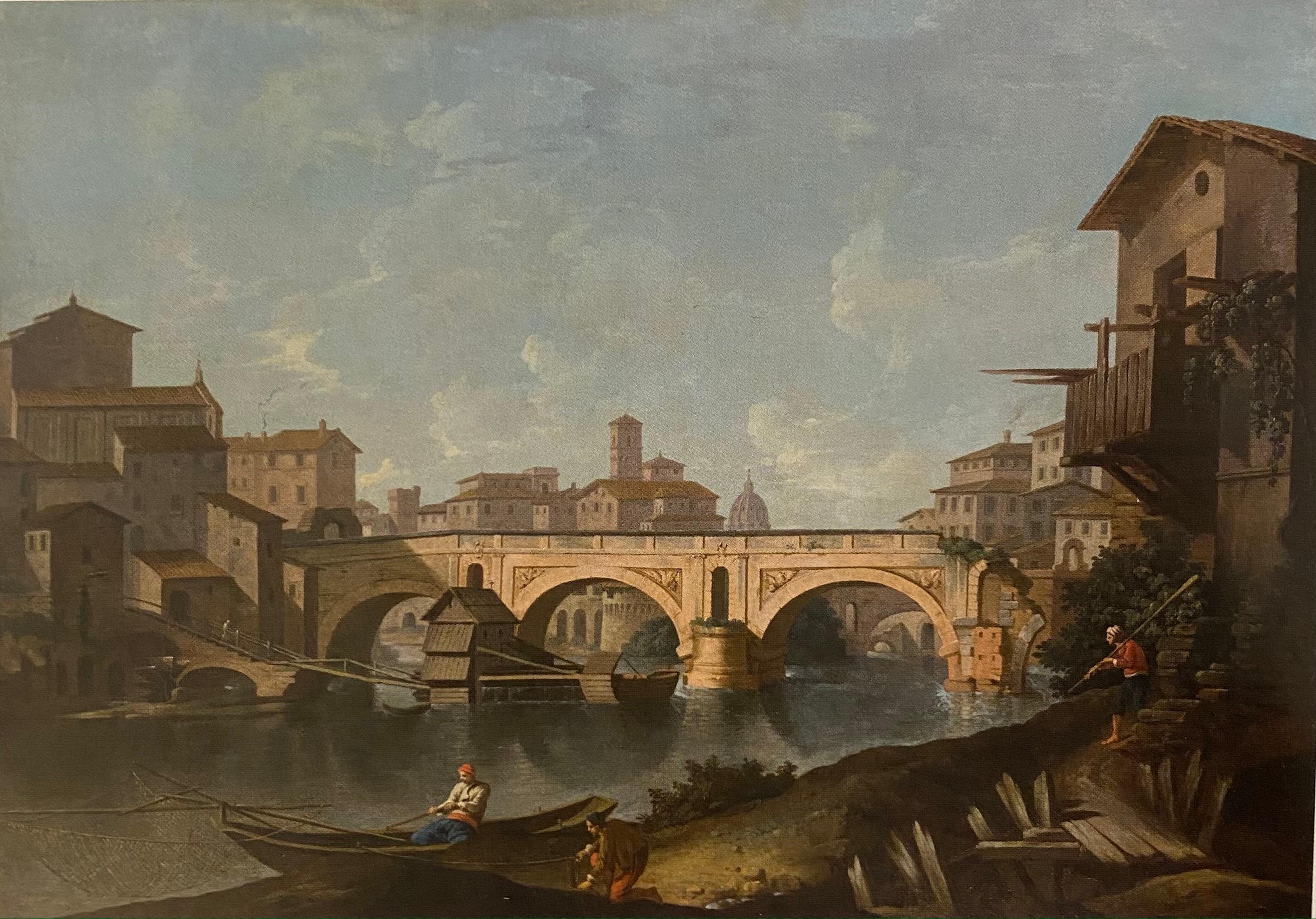 Louis XVI 18th Century Roman School Representing a View of Rome Fixing the Ponte Rotto For Sale