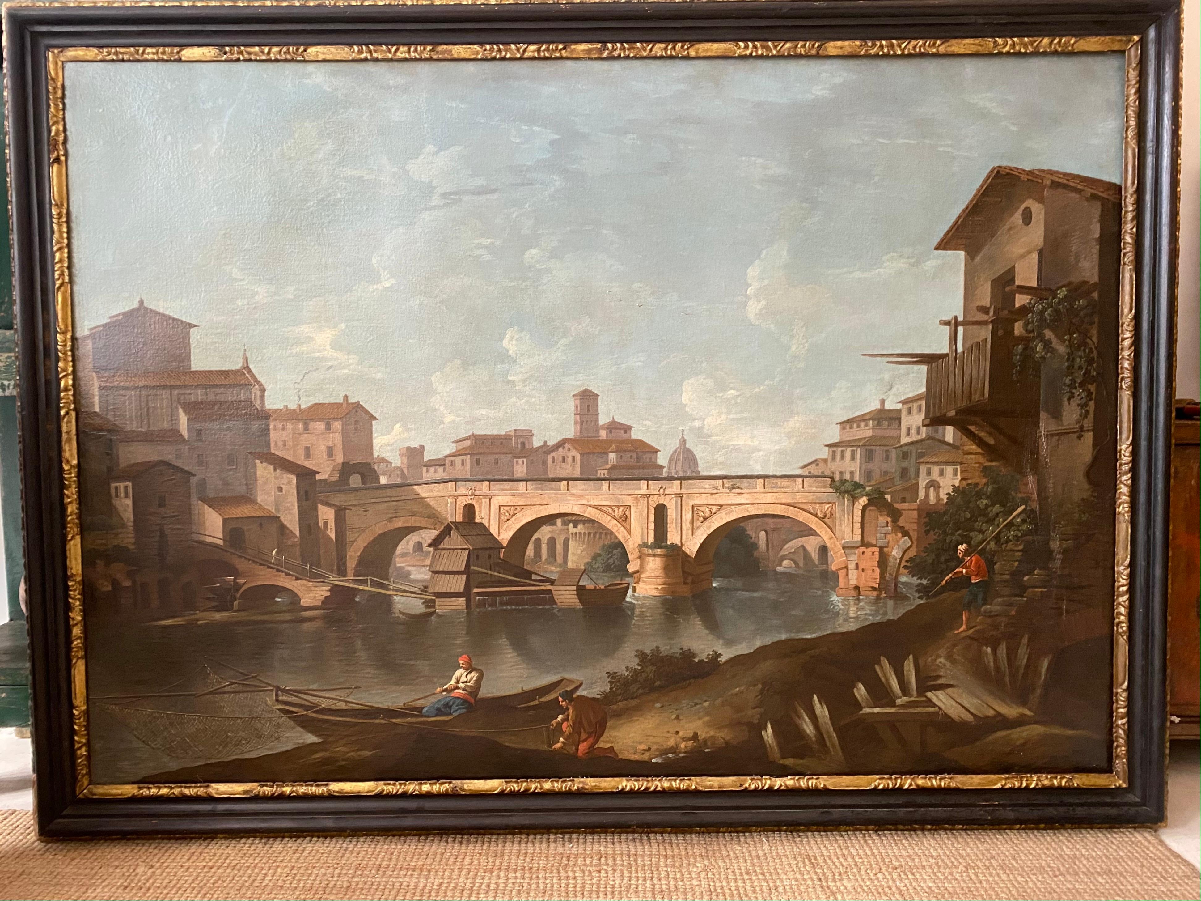 Italian 18th Century Roman School Representing a View of Rome Fixing the Ponte Rotto For Sale