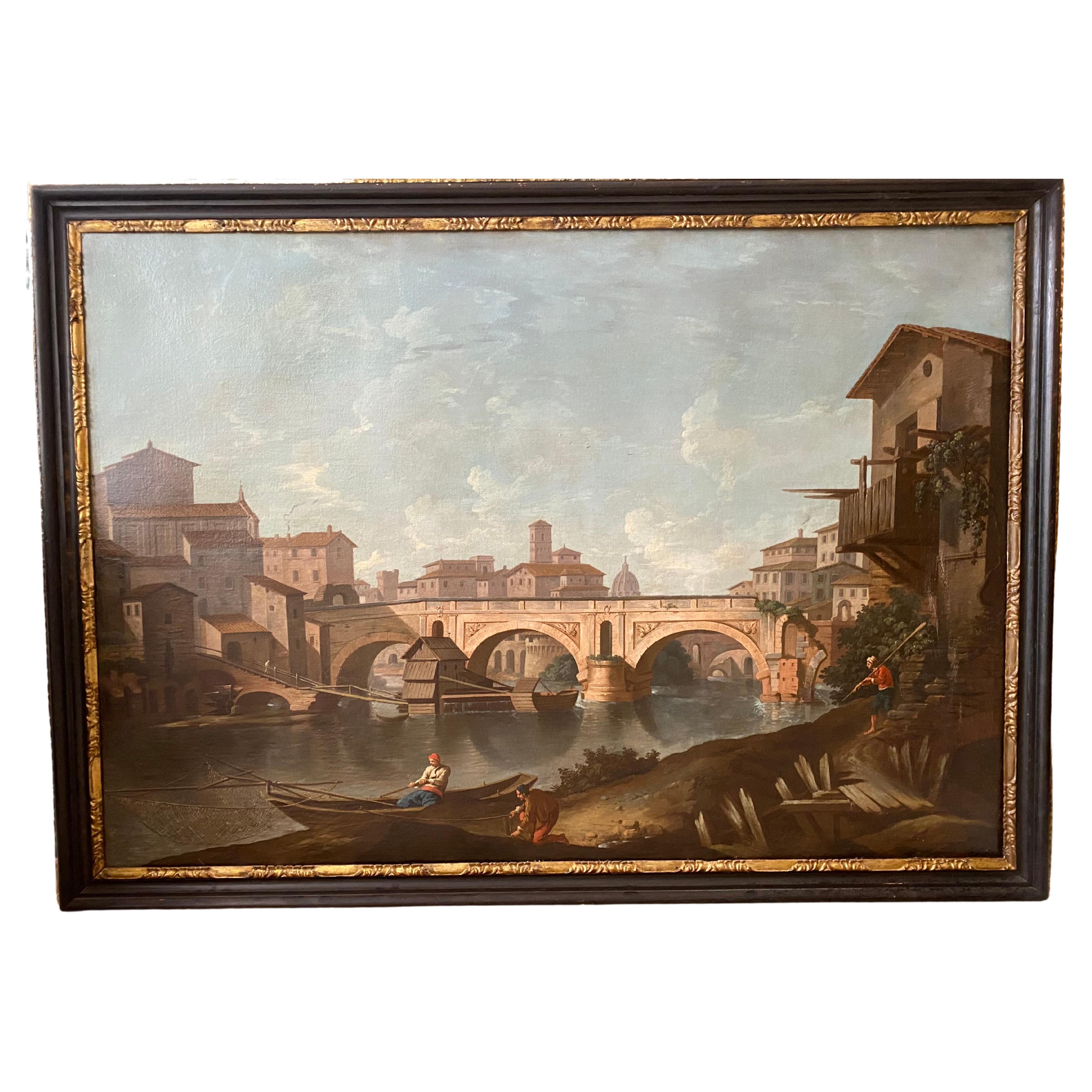 18th Century Roman School Representing a View of Rome Fixing the Ponte Rotto For Sale