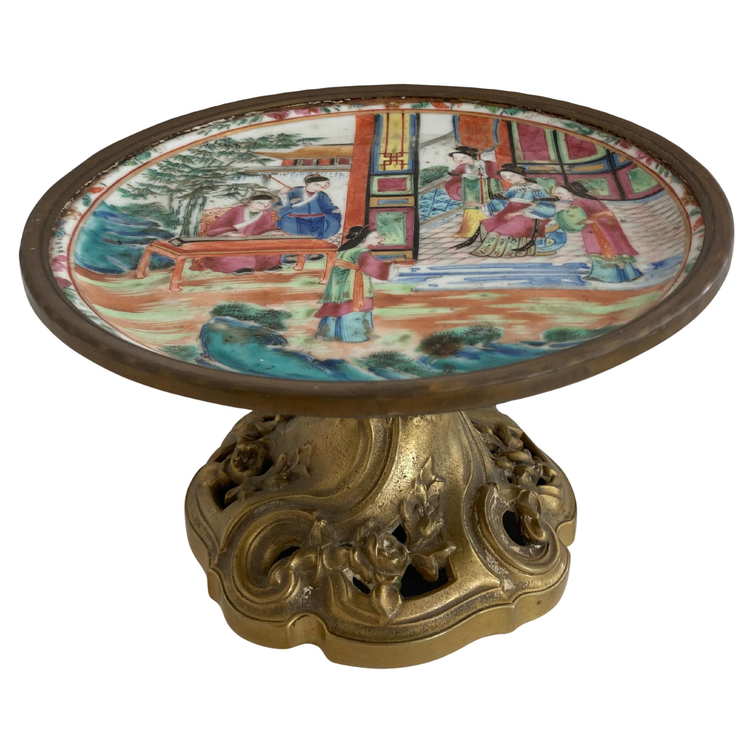 18th Century Rose Medallion Dish With Footed French Louis XV Bronze Base For Sale