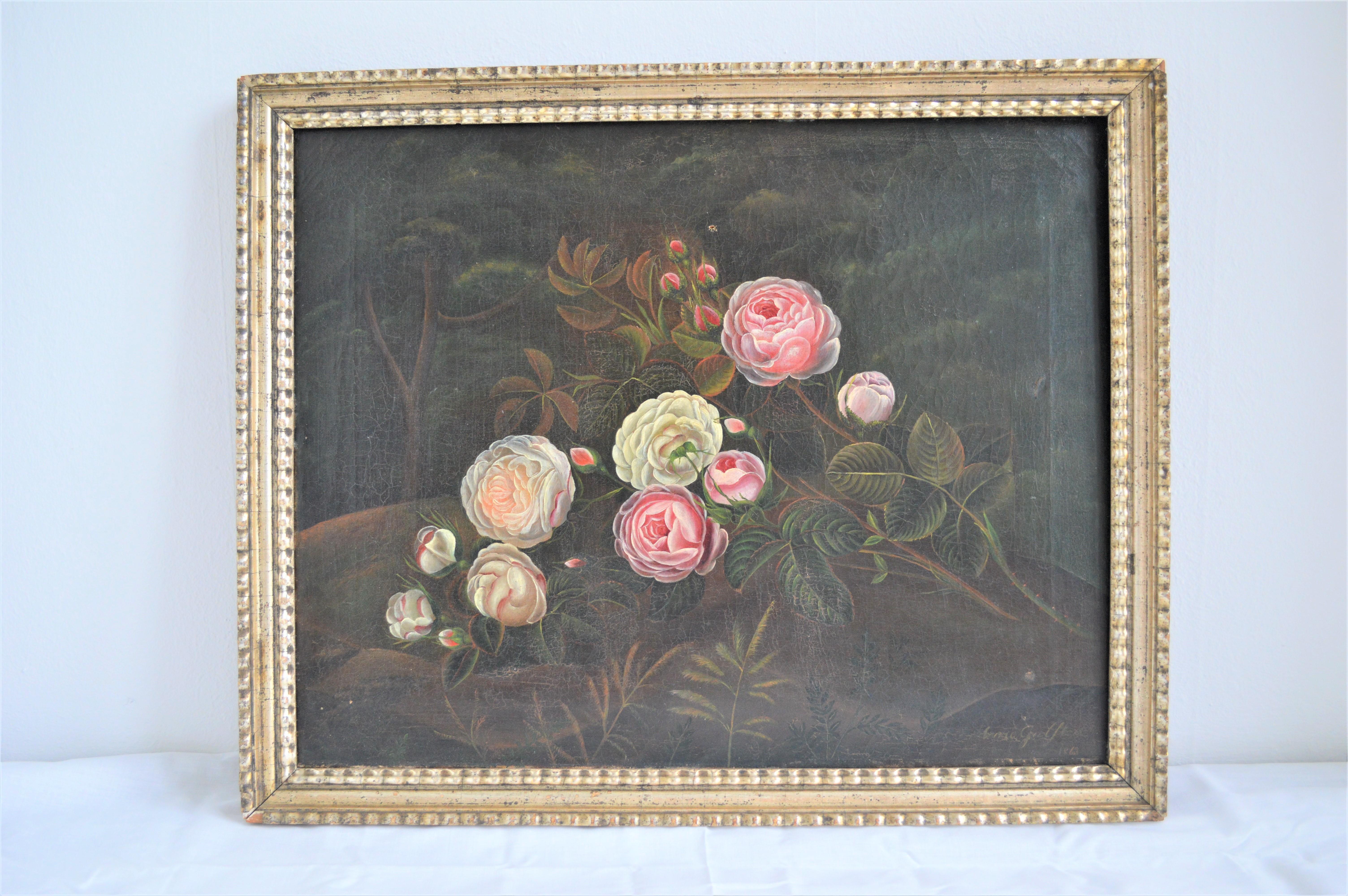 Flower painting, white and red roses on a stone in the forest.
Silver leaf gilded wooden frame
Signed by unknown female artist, Maria Gralfeldt, 1862.