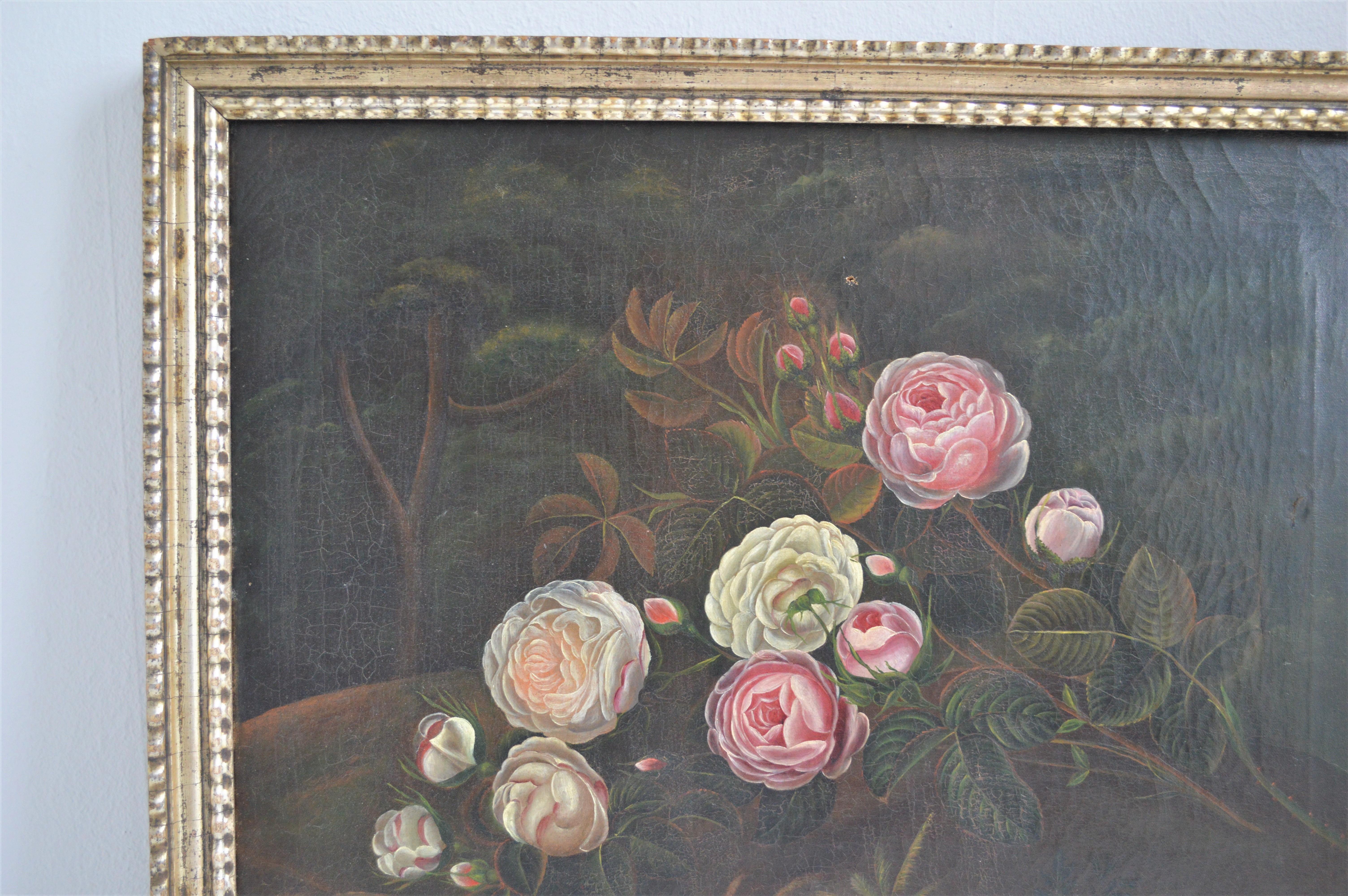 Rococo 18th Century Rose Painting Oil on Canvas For Sale