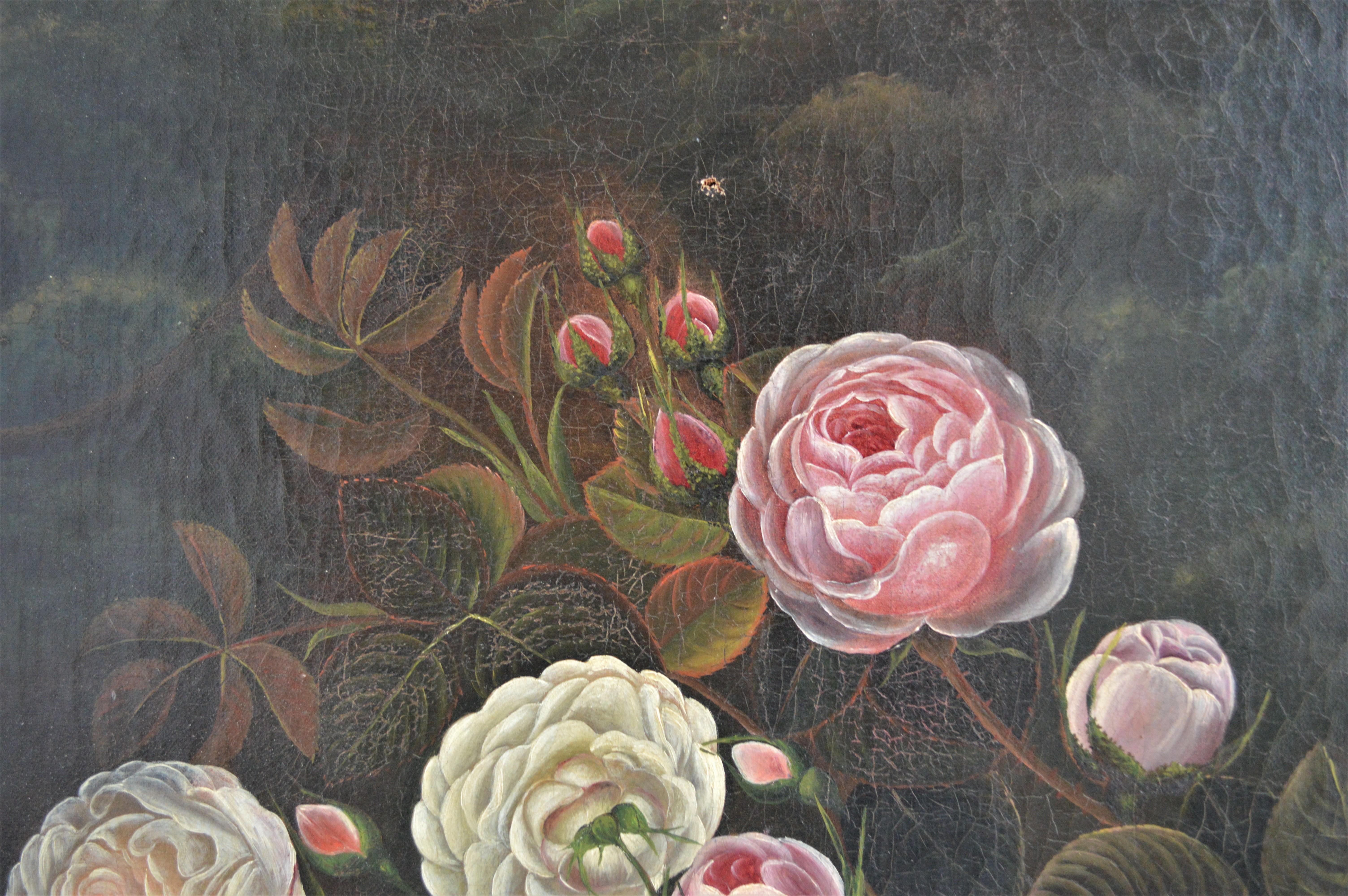 European 18th Century Rose Painting Oil on Canvas For Sale