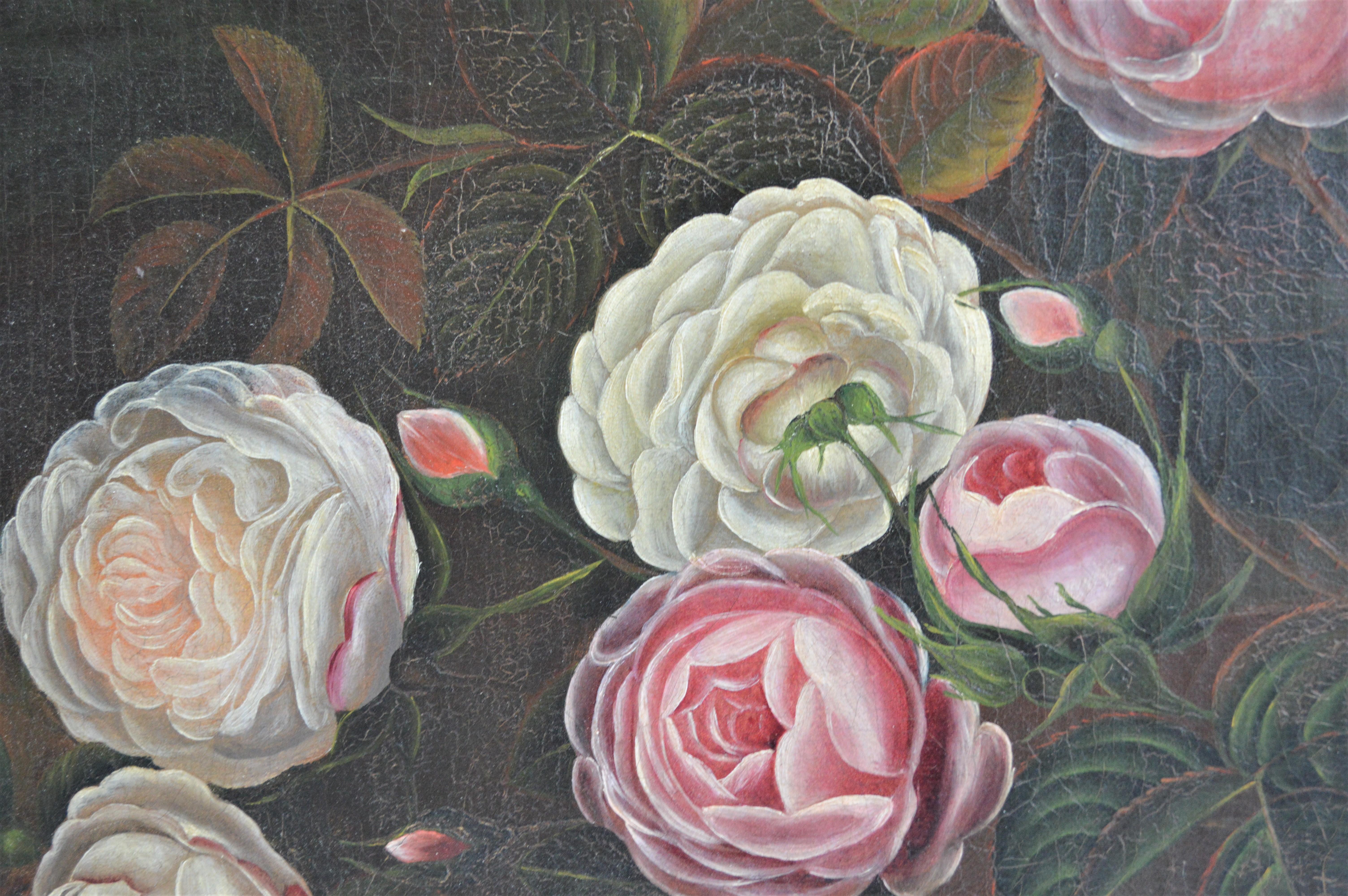 Painted 18th Century Rose Painting Oil on Canvas For Sale