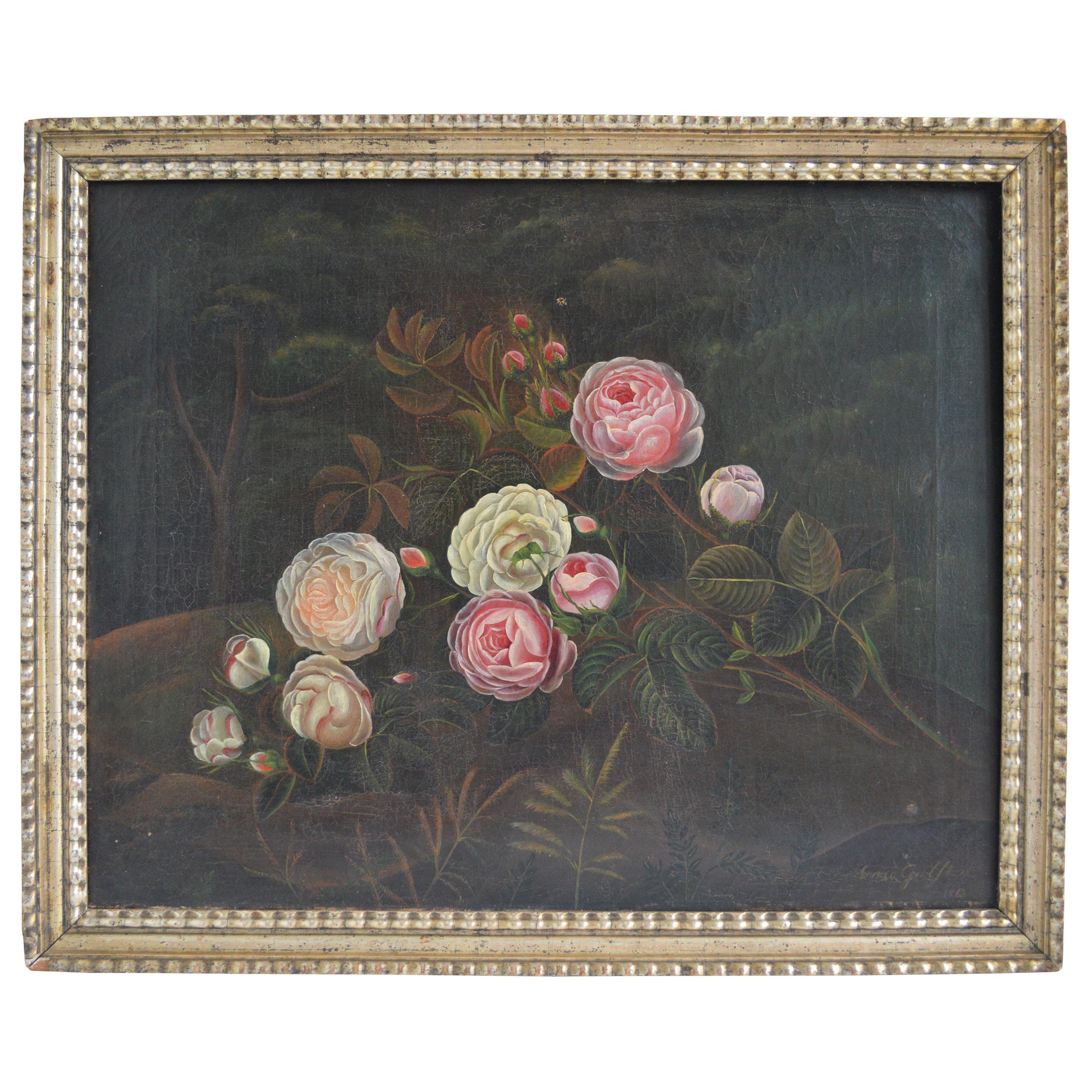 18th Century Rose Painting Oil on Canvas For Sale