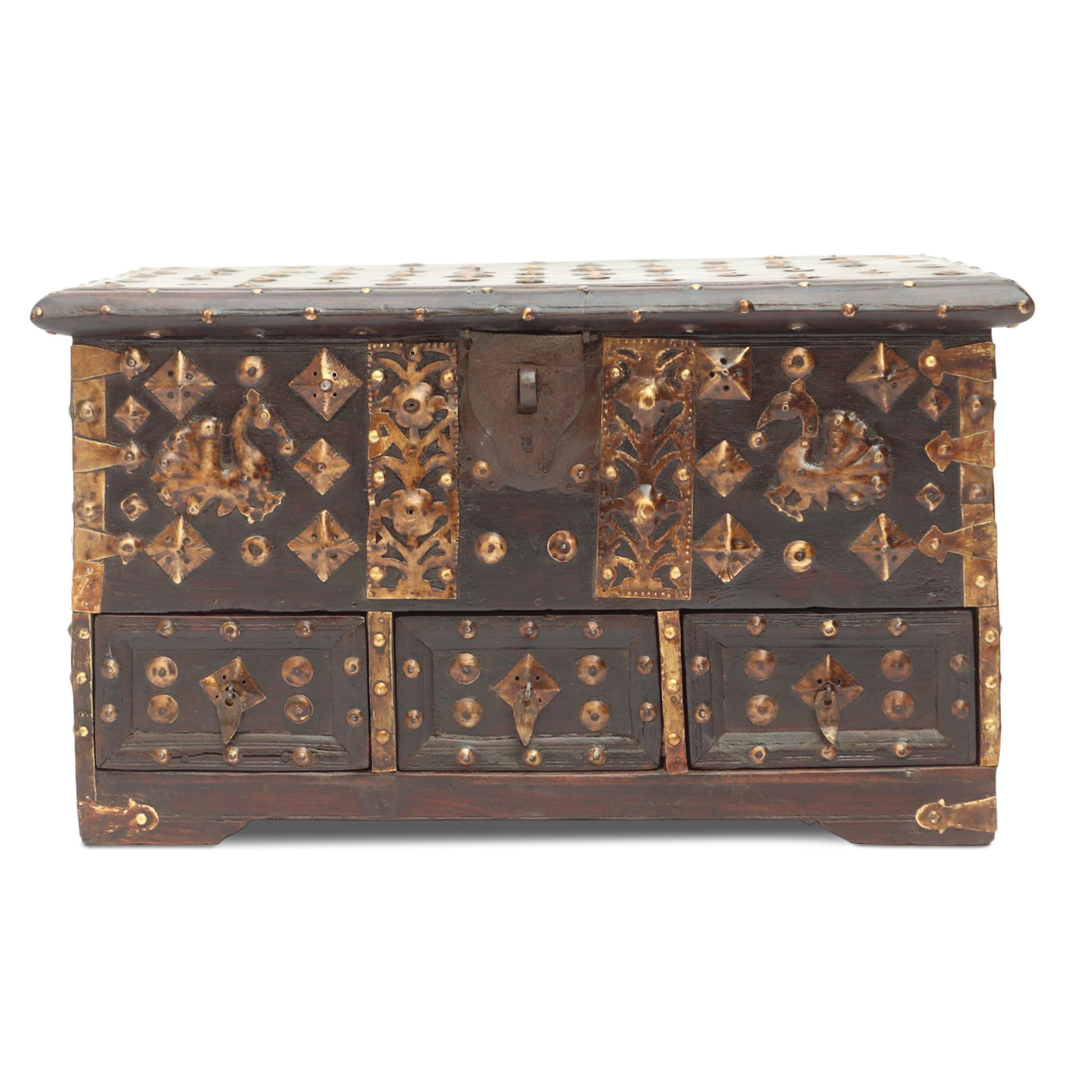 An exquisite 18th-century rosewood box, adorned with brass mounts throughout, showcasing its exceptional quality and craftsmanship. The attention to detail in the woodwork and the brass mounts is evident, creating a harmonious blend of materials.