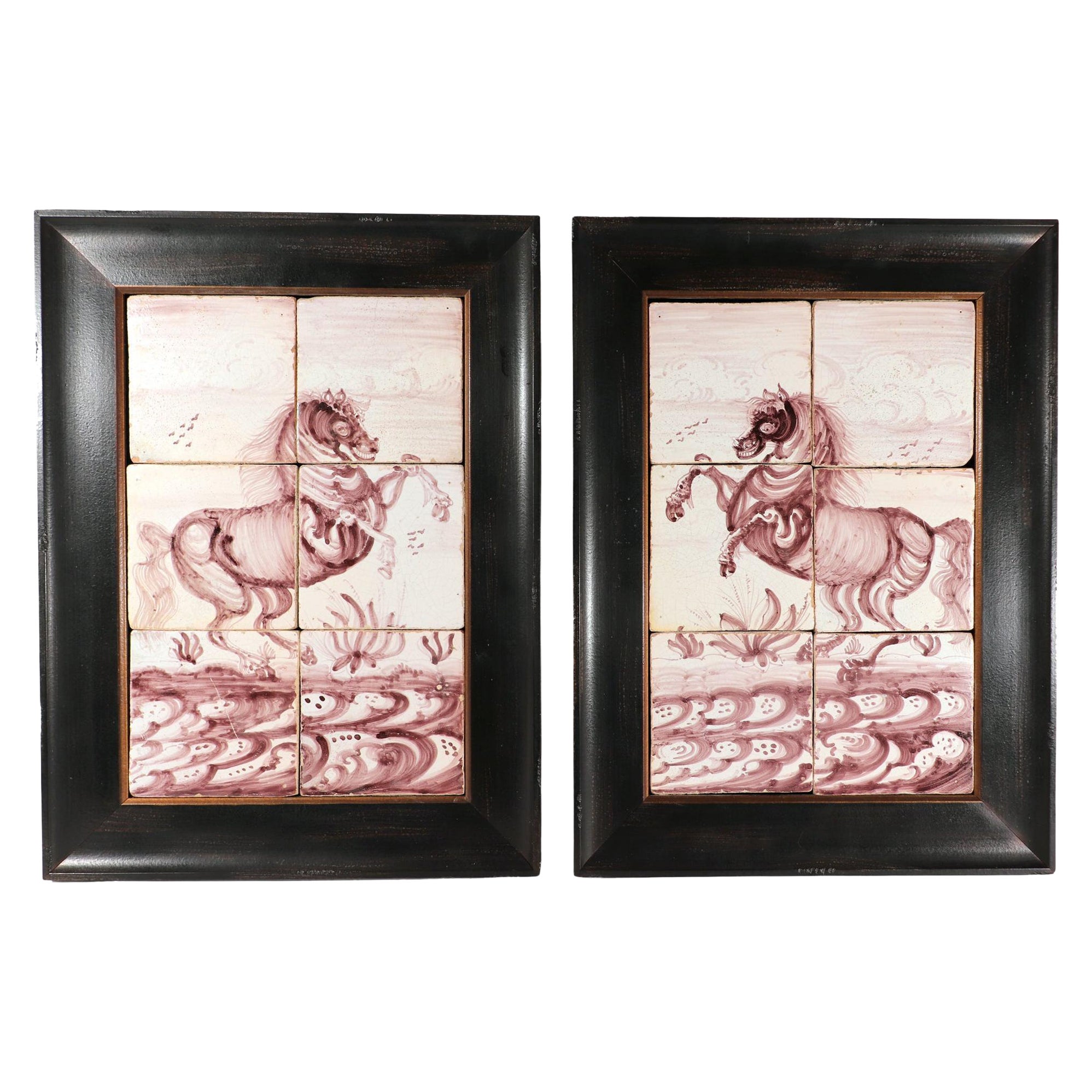 18th Century Rotterdam Dutch Delft Tiles Framed Pictures of Rearing Horses