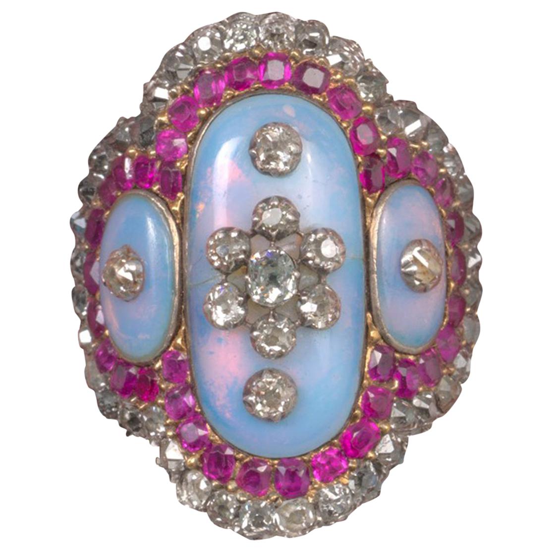 18th Century Ruby, Diamond, Opaline and Gold Ring