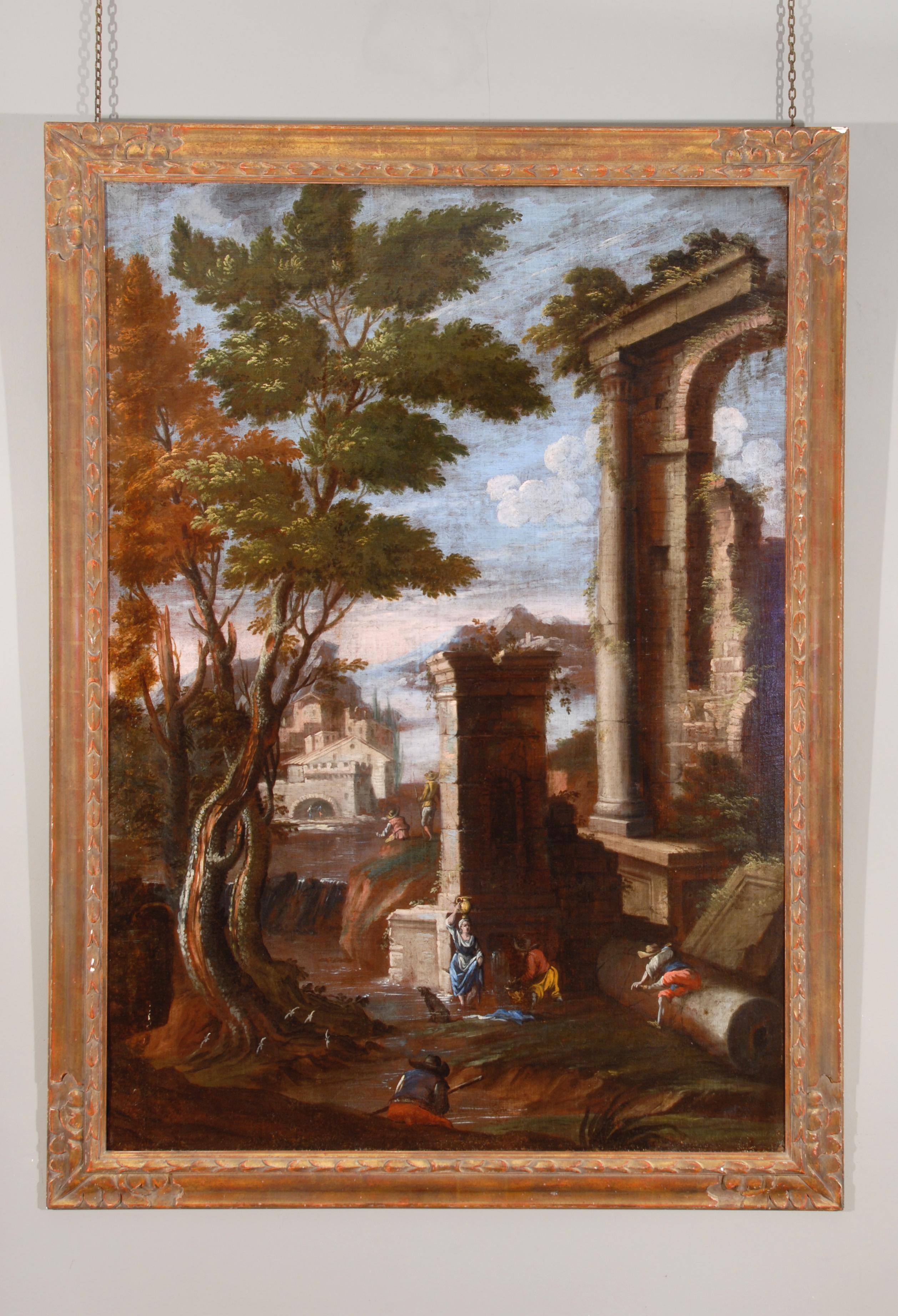 Baroque 18th Century Ruins Landscape Attributed to Bartolomeo Pedon For Sale