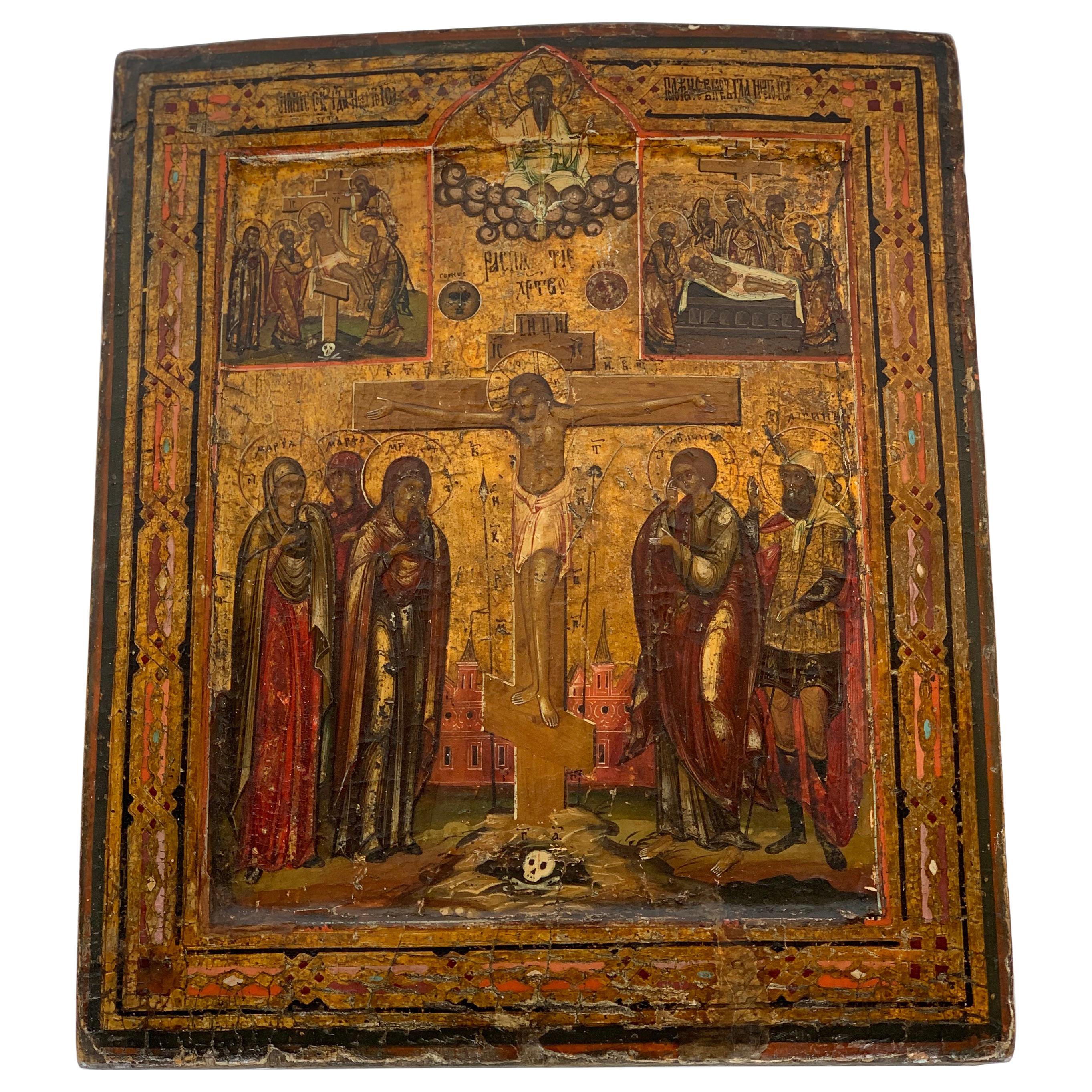 18th Century Russian Icon Depicting the Crucifixion of Christ