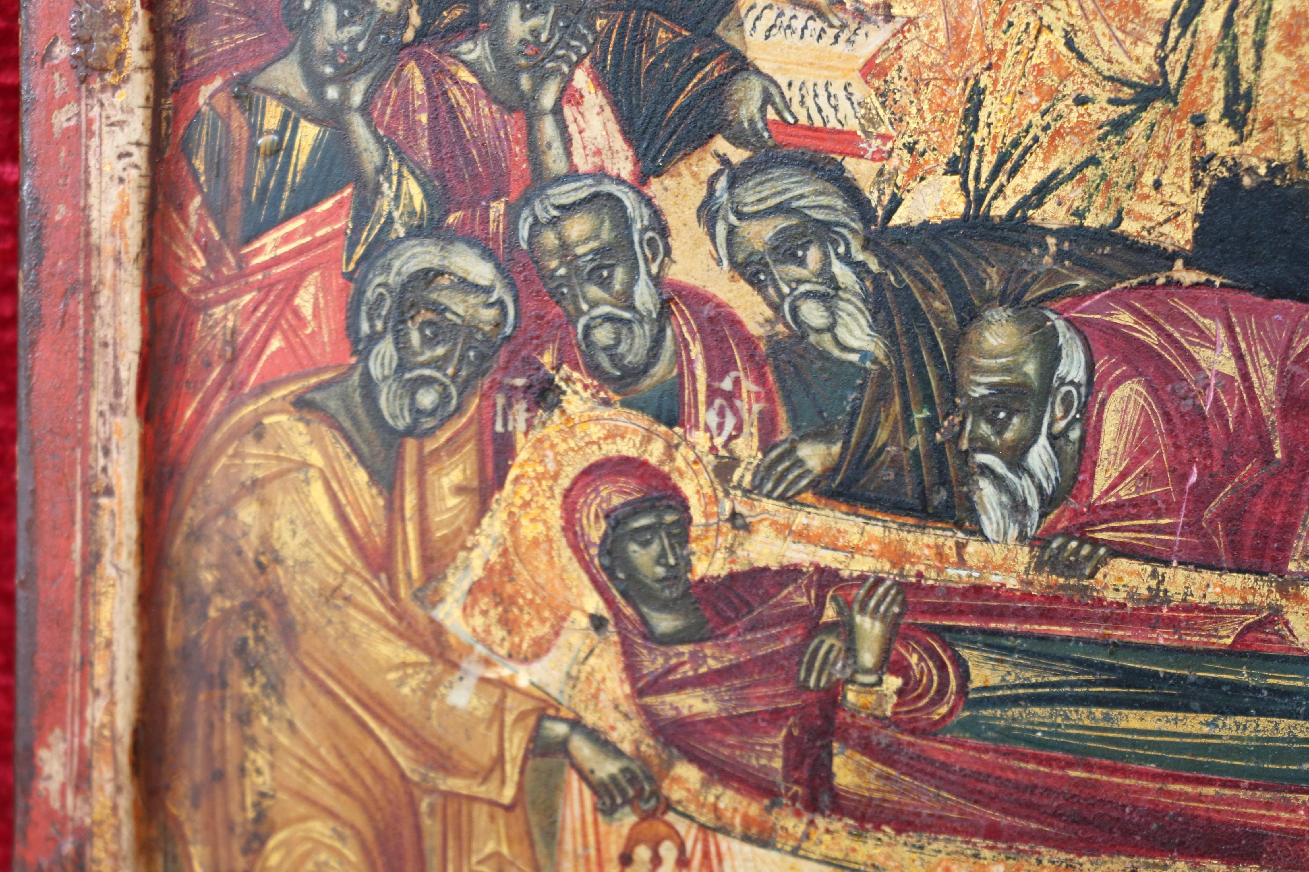 Russische Ikone der Entschlafung der Gottesmutter aus dem 18. Jahrhundert. Wood Malerei im Angebot 5