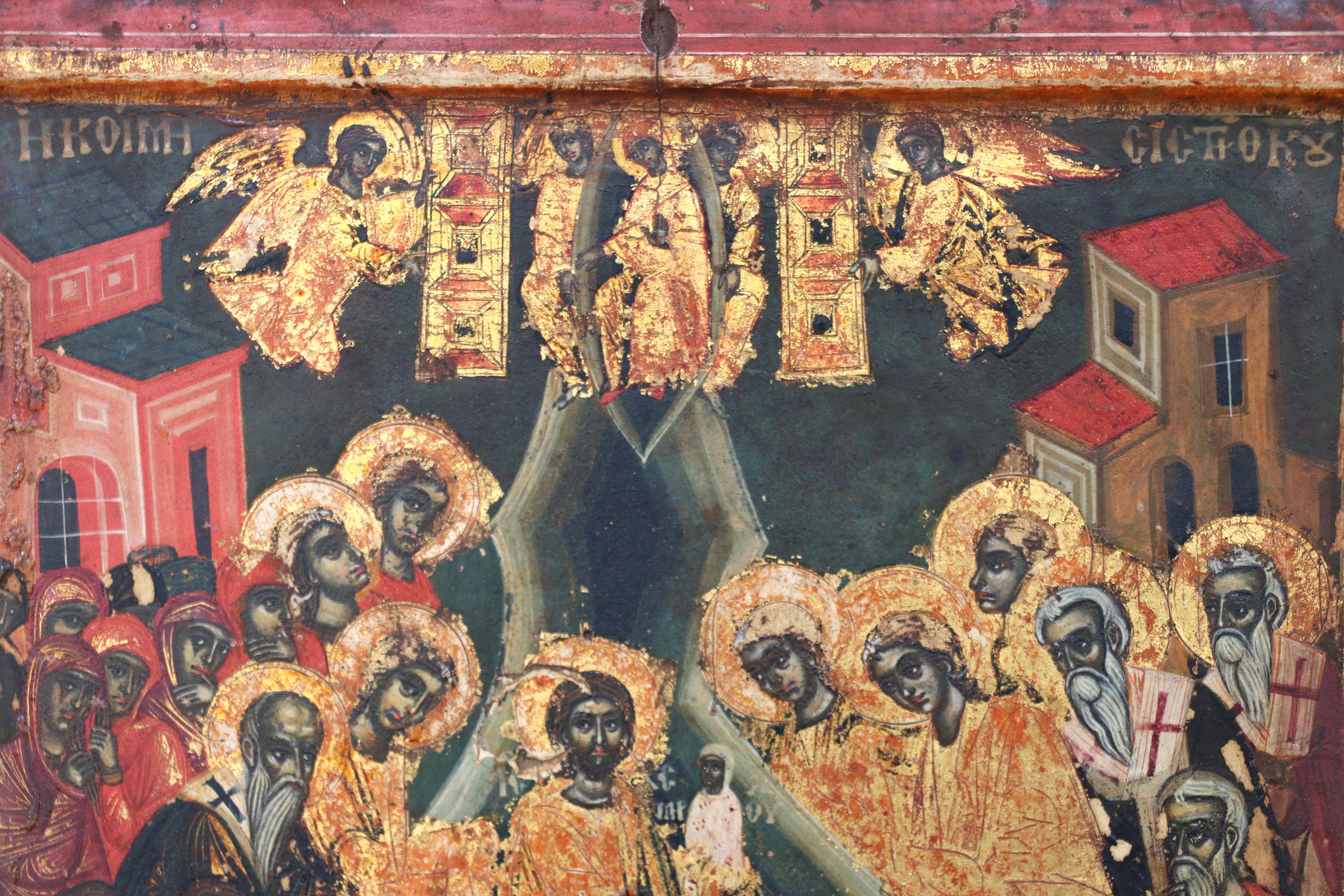 Russische Ikone der Entschlafung der Gottesmutter aus dem 18. Jahrhundert. Wood Malerei (Arts and Crafts) im Angebot