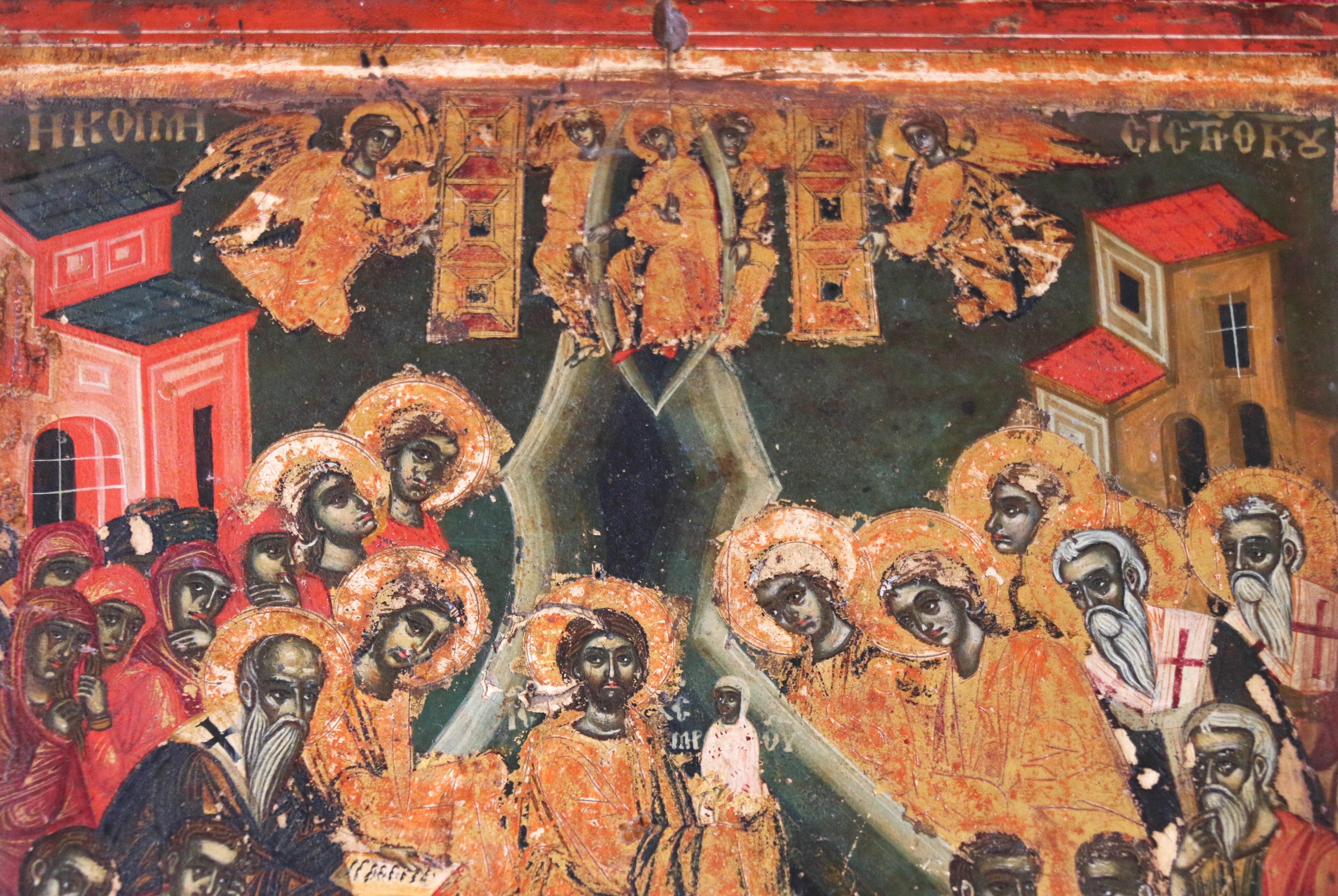 Russische Ikone der Entschlafung der Gottesmutter aus dem 18. Jahrhundert. Wood Malerei (Unbekannt) im Angebot