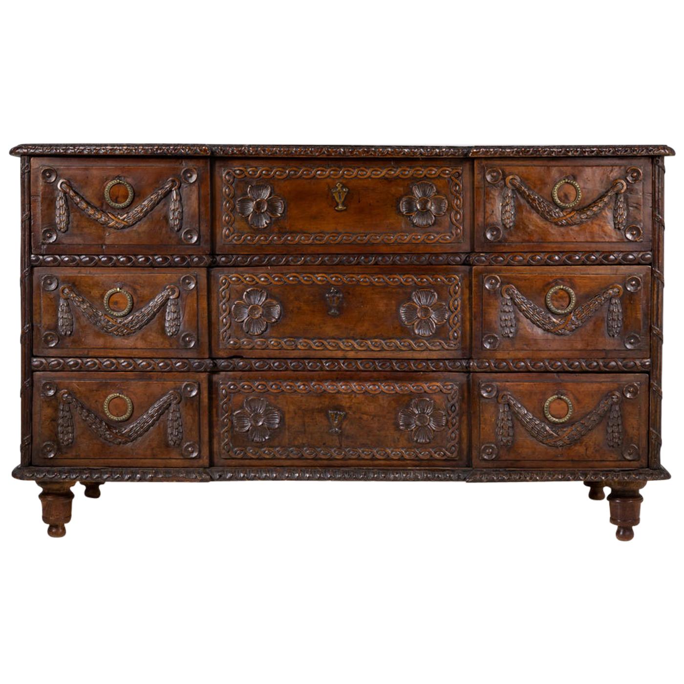 18th Century Rustic Carved Cherry Commode For Sale