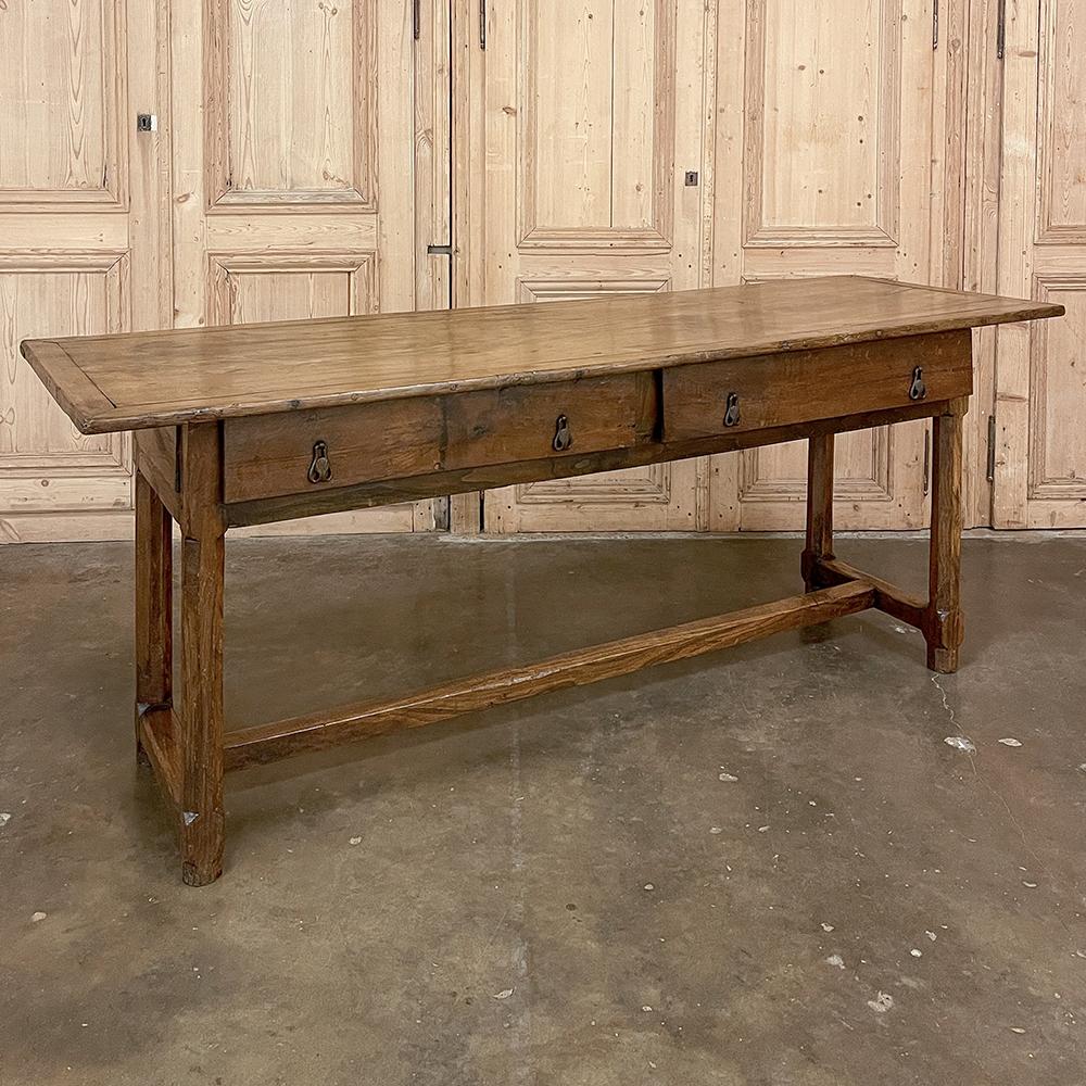 18th century rustic country french sofa table ~ desk ~ grand console is an extraordinarily versatile design, even usable as a library table in the middle of the room. Finished on all four sides, yet in a rustic, casual fashion ideal for today's more