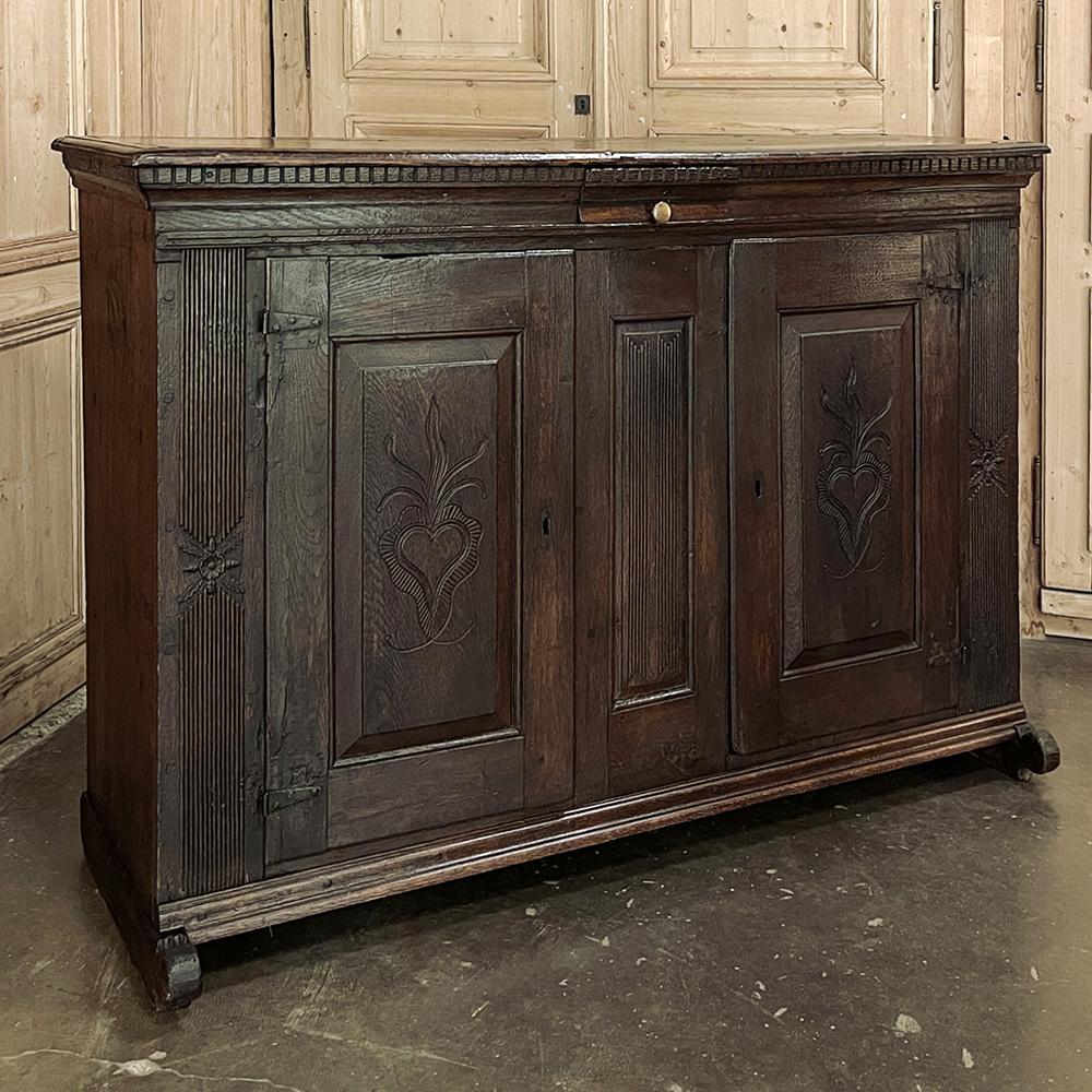 18th century rustic Dutch buffet was designed to last for centuries! Hand-crafted from dense, old-growth indigenous white oak, it was configured for storage but with a suitable serving and display surface, plus one drawer for cutlery. Quaint rustic