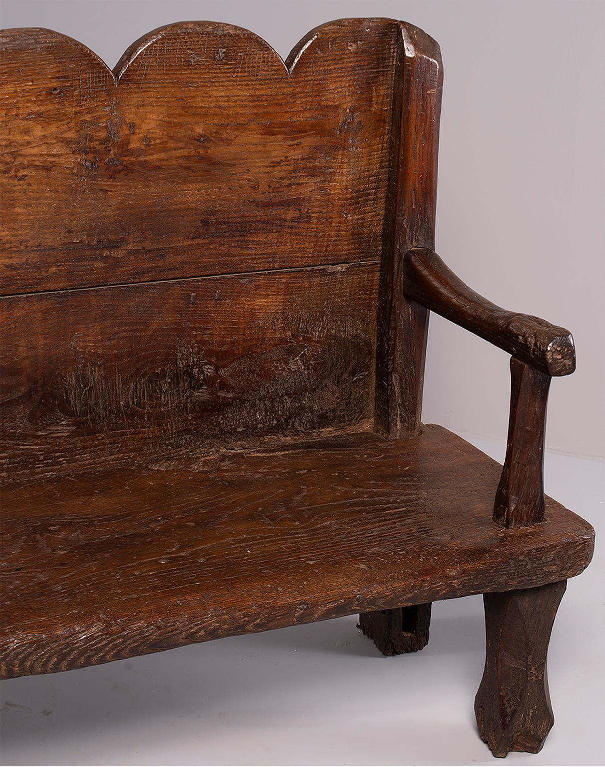 Hand-Carved 18th Century Rustic Dutch Chestnut Bench