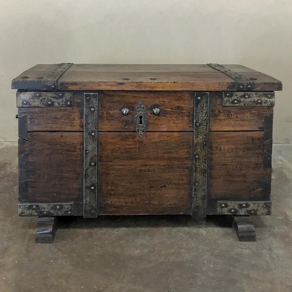 18th Century Rustic Dutch Trunk is a great choice for a rustic coffee table, storage at the foot of the bed, or anywhere a little seat and some space is needed! Note the charming fleur de lys motif on the key guard. Built more like a strong box