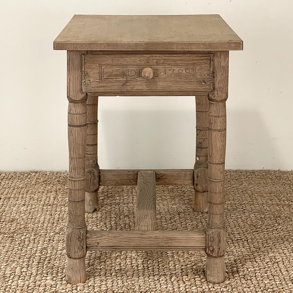 18th Century Rustic European End Table in Stripped Oak will make a perfect addition to your casual decor! Solid oak planks form the top and apron sections, with four sturdy turned legs connected with an 