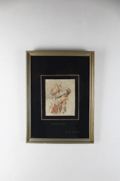 18th Century Sanguine Drawing Framed  "Elegant Lady Turban and Feather" France