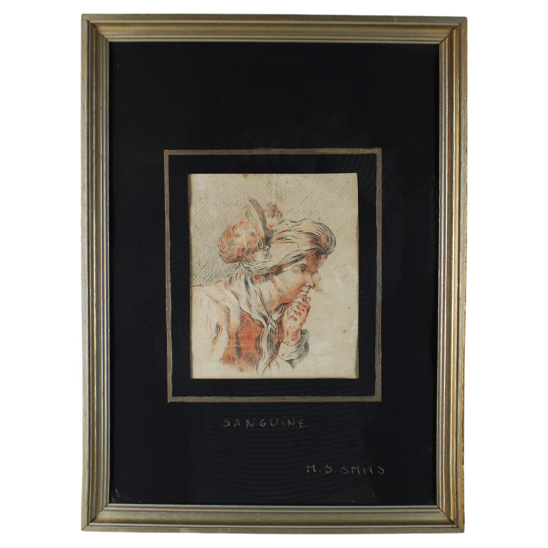 Sanguine Zeichnung aus dem 18. Jahrhundert Gerahmt  „Elegant Lady Turban and Feather“ Frankreich