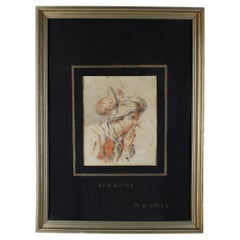 Dibujo Sanguinario del Siglo XVIII Enmarcado  "Elegante turbante de dama y pluma" Francia