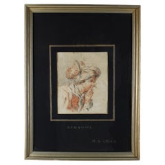 Dibujo Sanguinario del Siglo XVIII Enmarcado "Elegante turbante de dama y pluma" Francia
