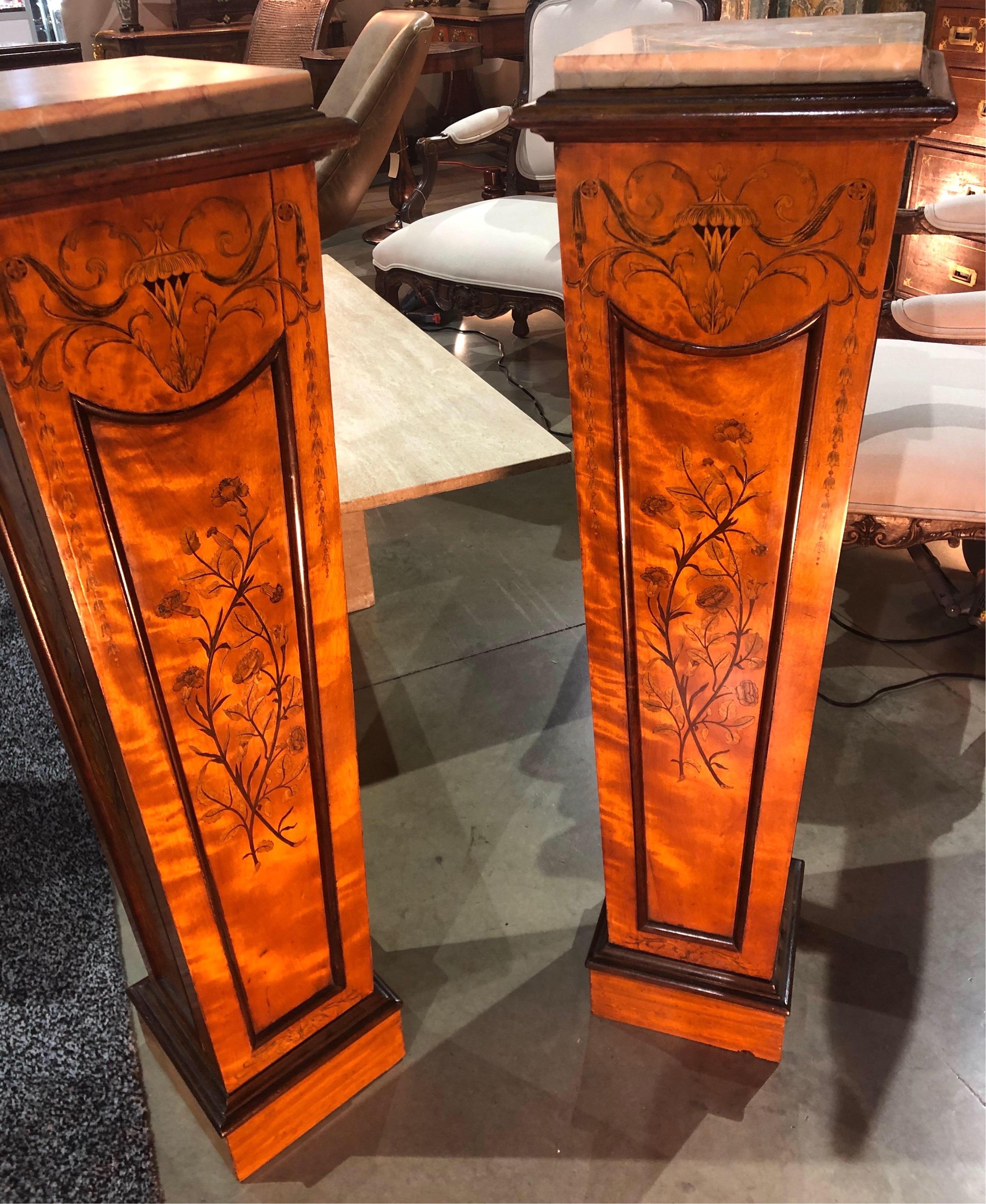 19th Century Satinwood Pedestals with Marble Tops For Sale 7