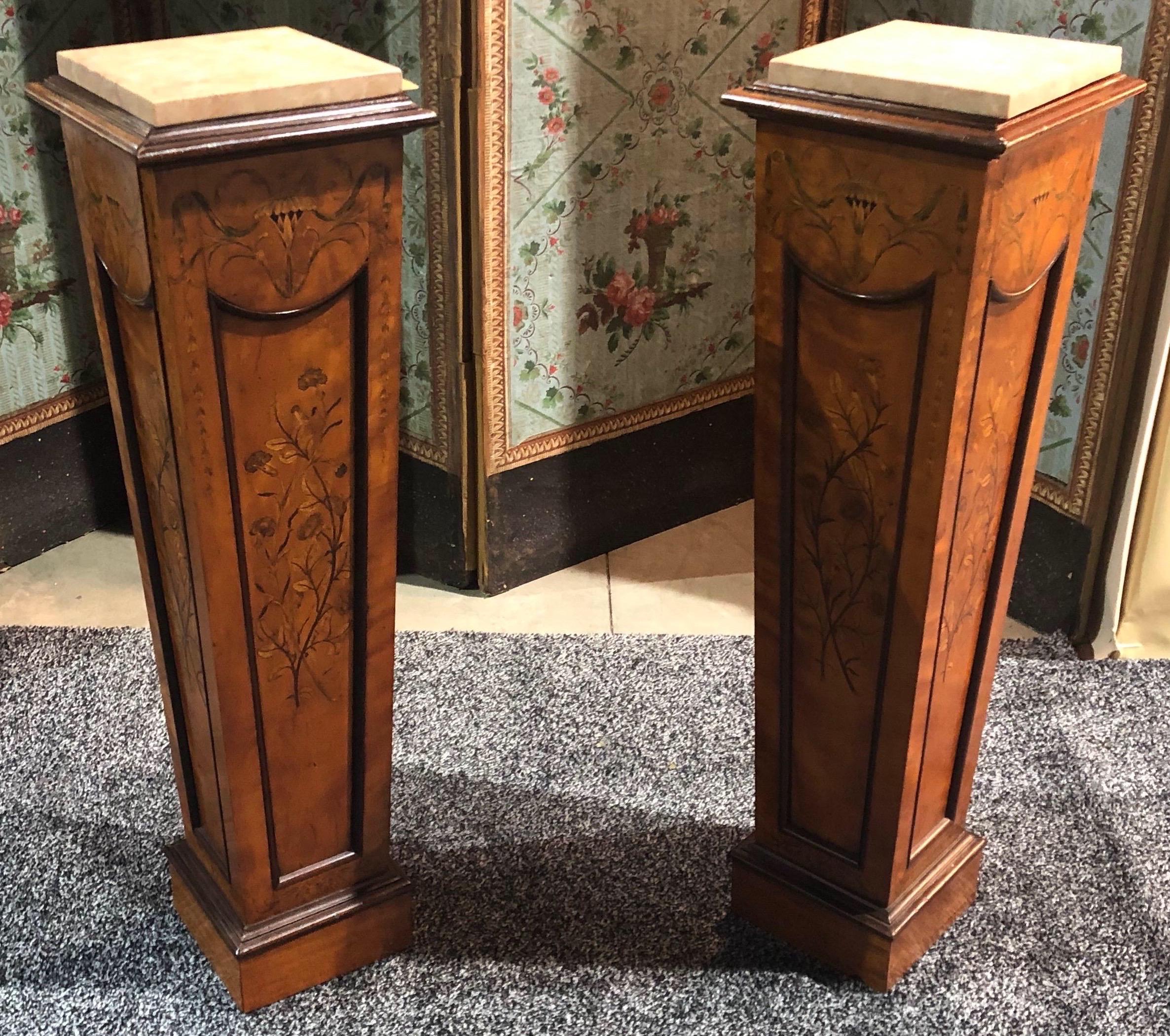 19th Century Satinwood Pedestals with Marble Tops For Sale 2
