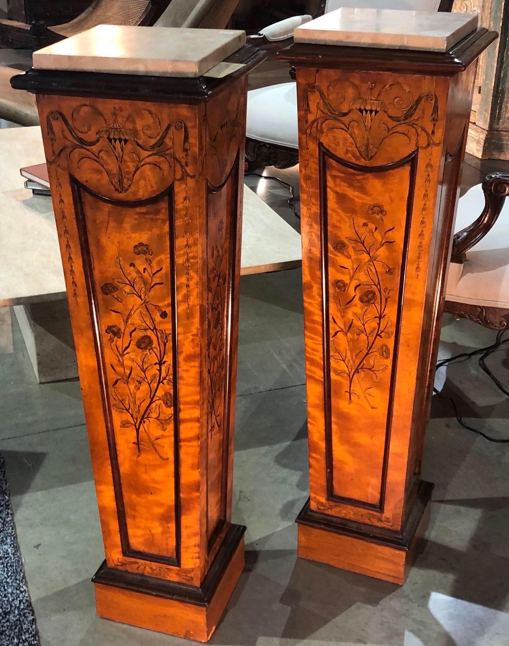 19th Century Satinwood Pedestals with Marble Tops For Sale 3