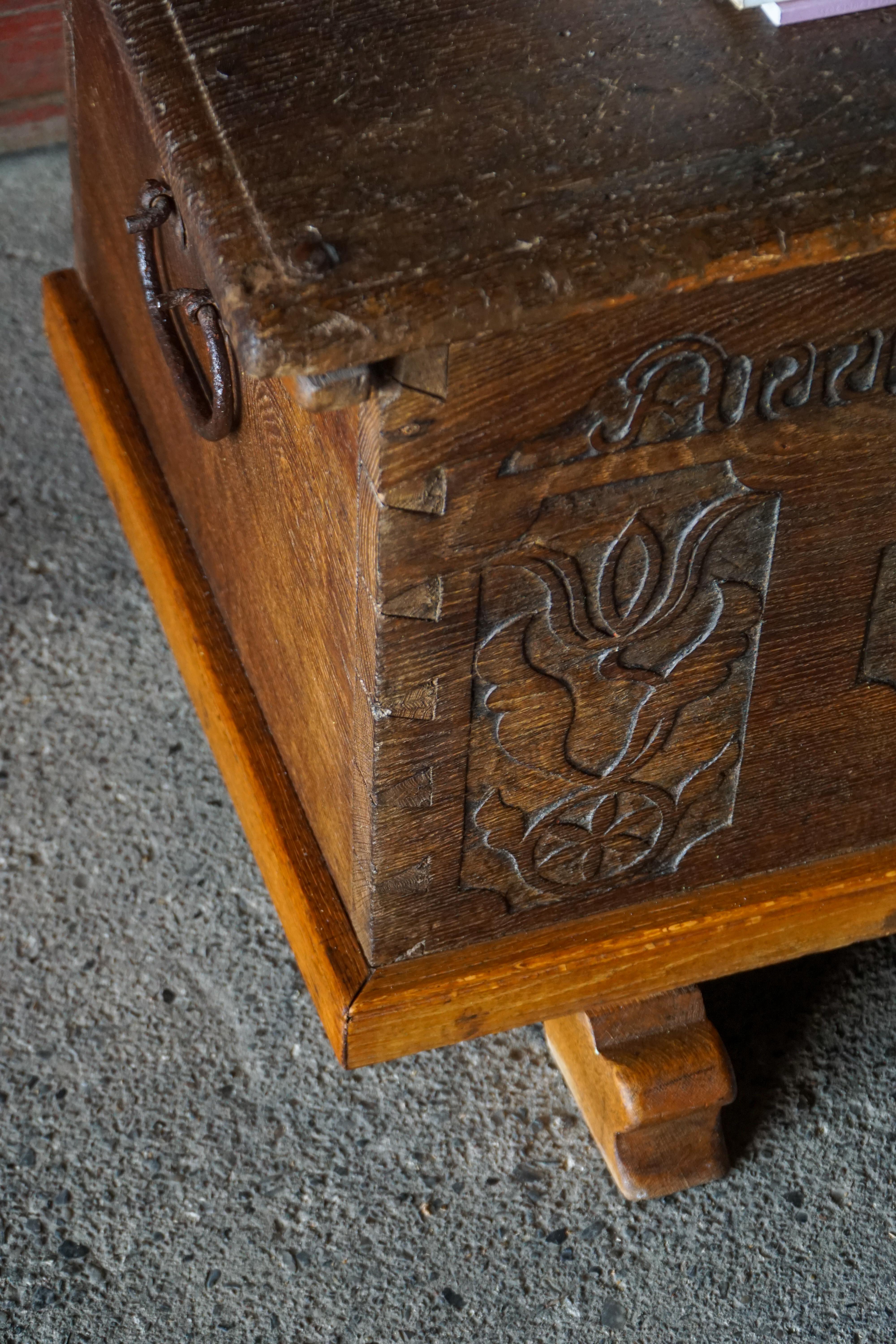 18th Century Scandinavian Folk Art Oak Chest with Carved Panels, Dated 1764 For Sale 5