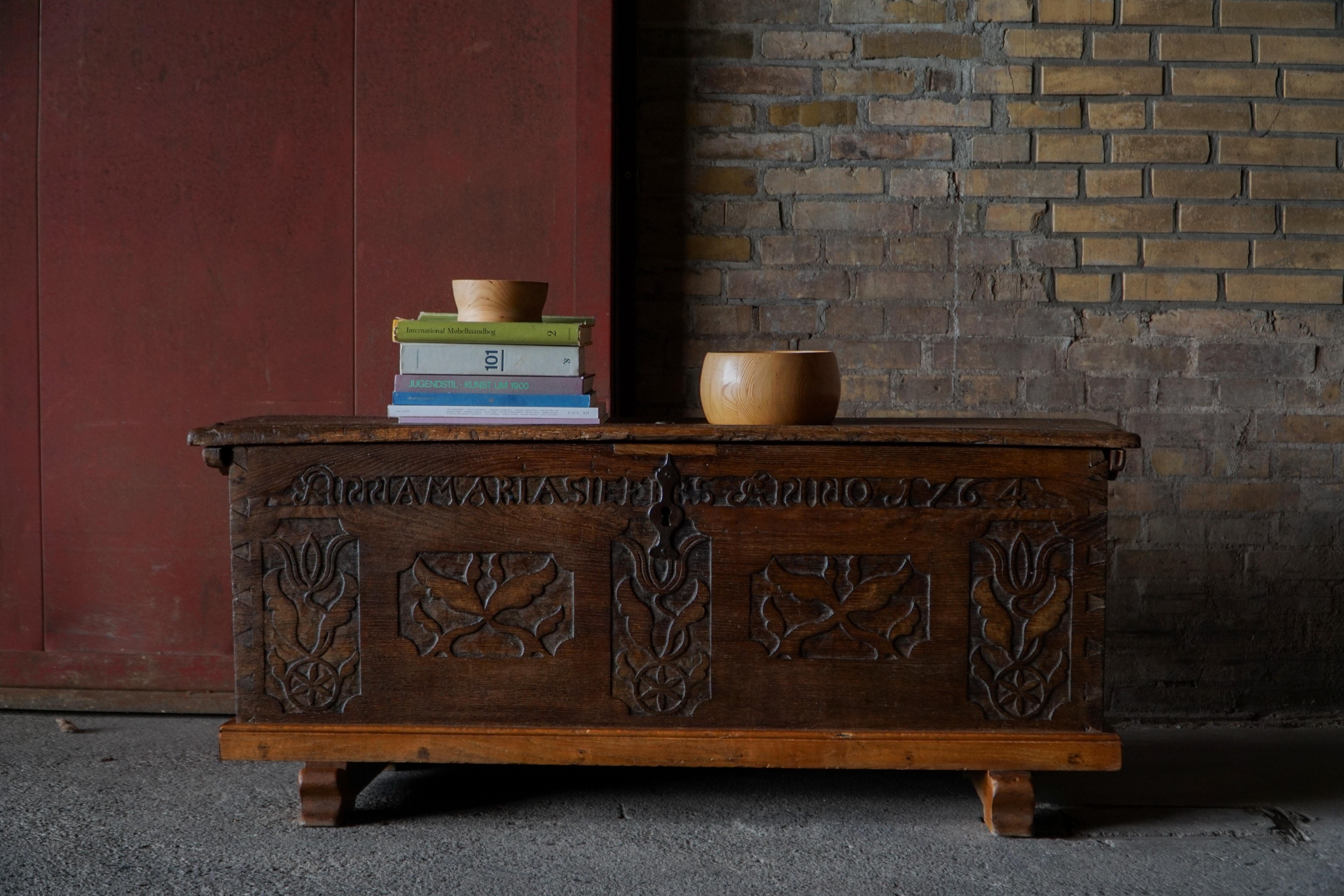 18th Century Scandinavian Folk Art Oak Chest with Carved Panels, Dated 1764 For Sale 14