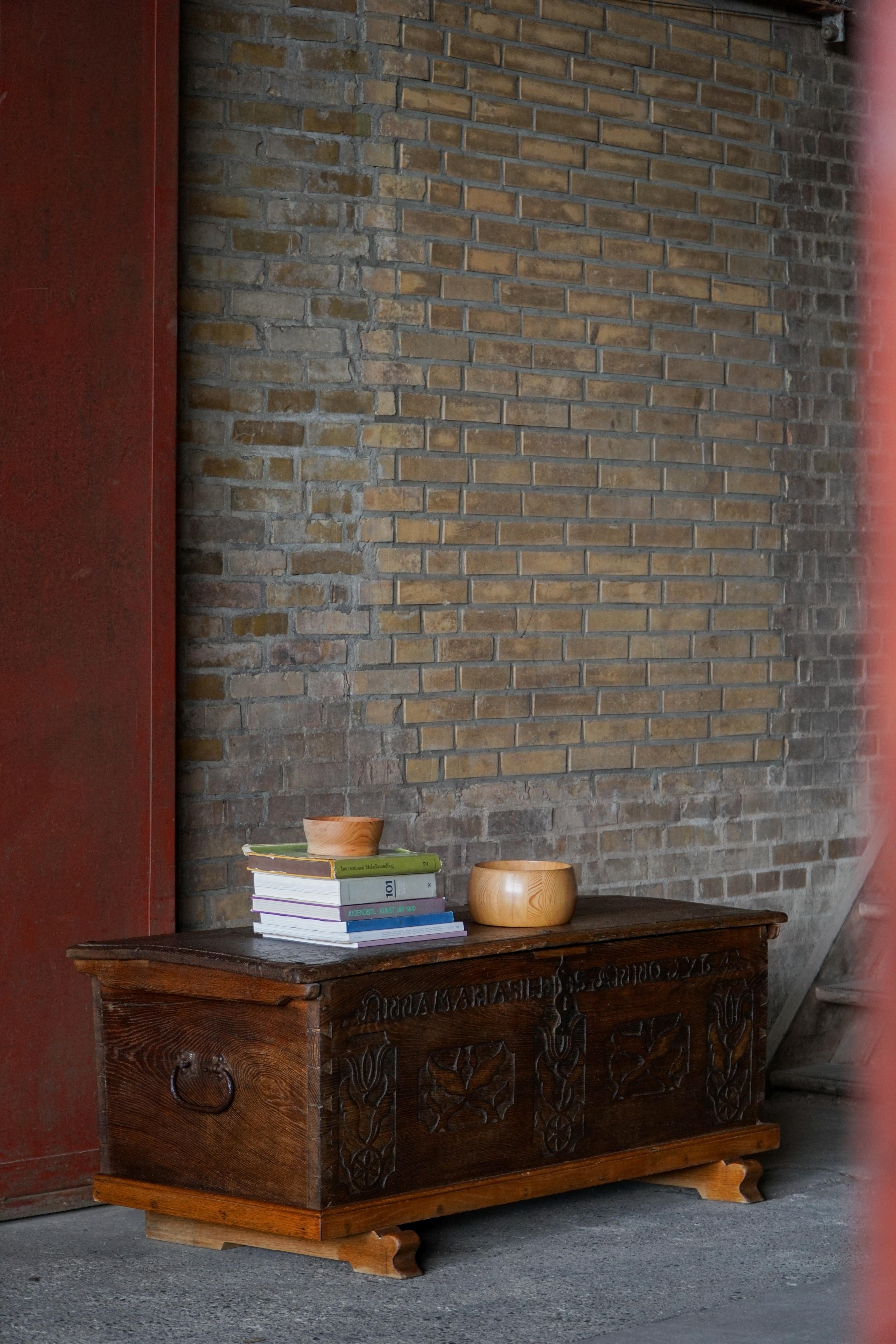 Hand-Carved 18th Century Scandinavian Folk Art Oak Chest with Carved Panels, Dated 1764 For Sale