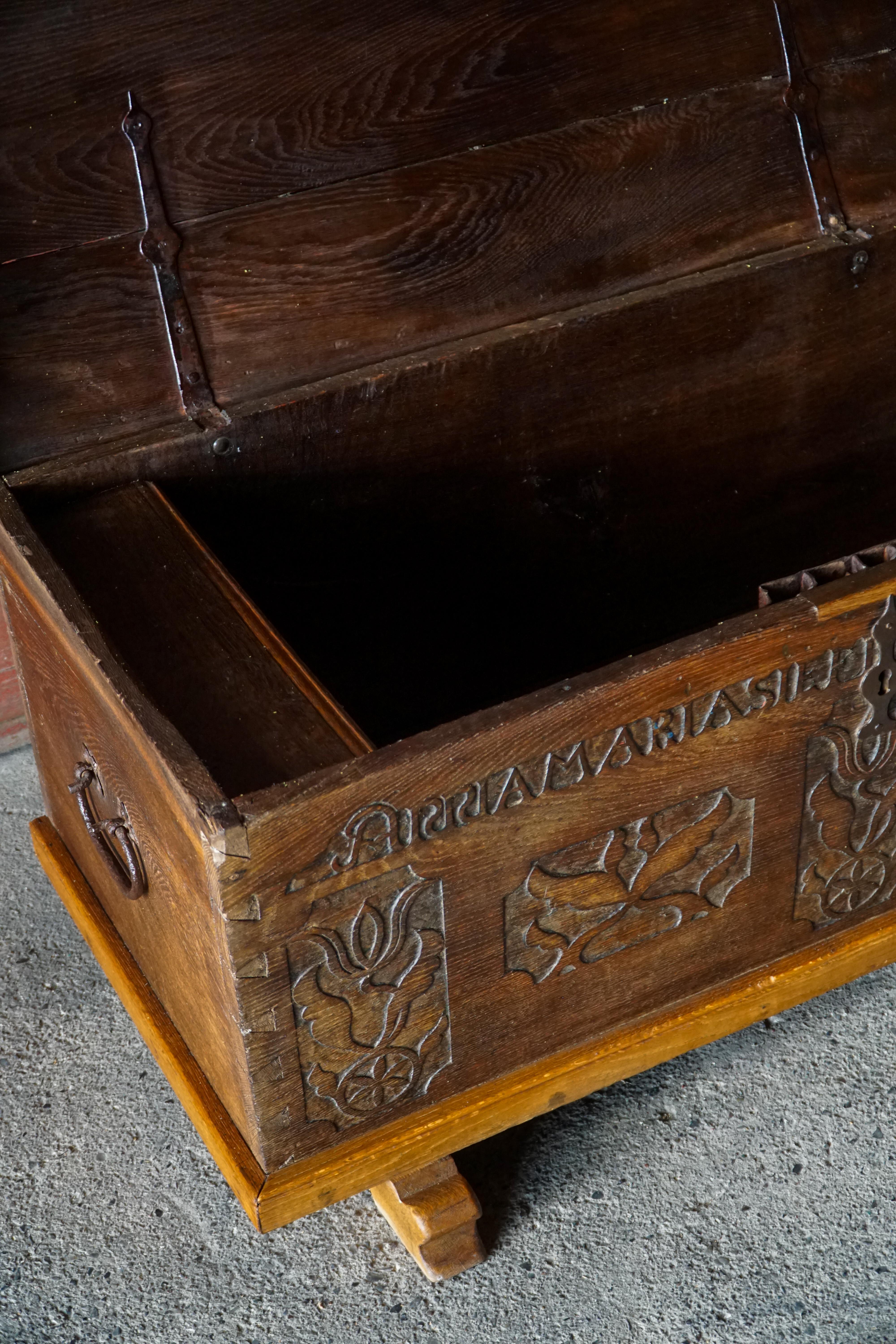18th Century and Earlier 18th Century Scandinavian Folk Art Oak Chest with Carved Panels, Dated 1764 For Sale