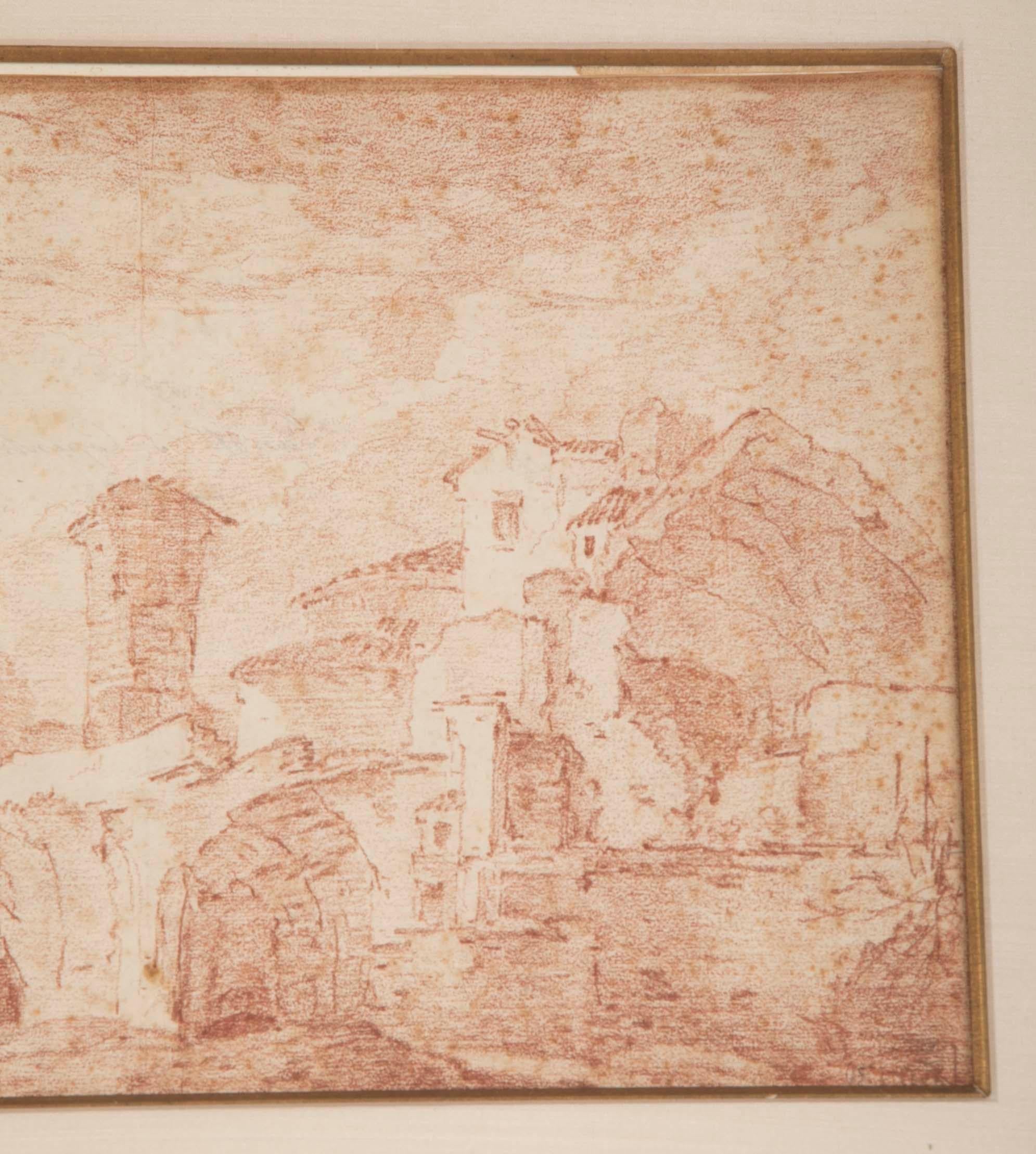 18th century Danish (?) red chalk drawing of a landscape with castle tower and ruins. This drawing has a very Roman or Italian feel to it, possibly a Scandinavian artist who traveled to Rome or an Italian artist in Denmark. It has two monogram