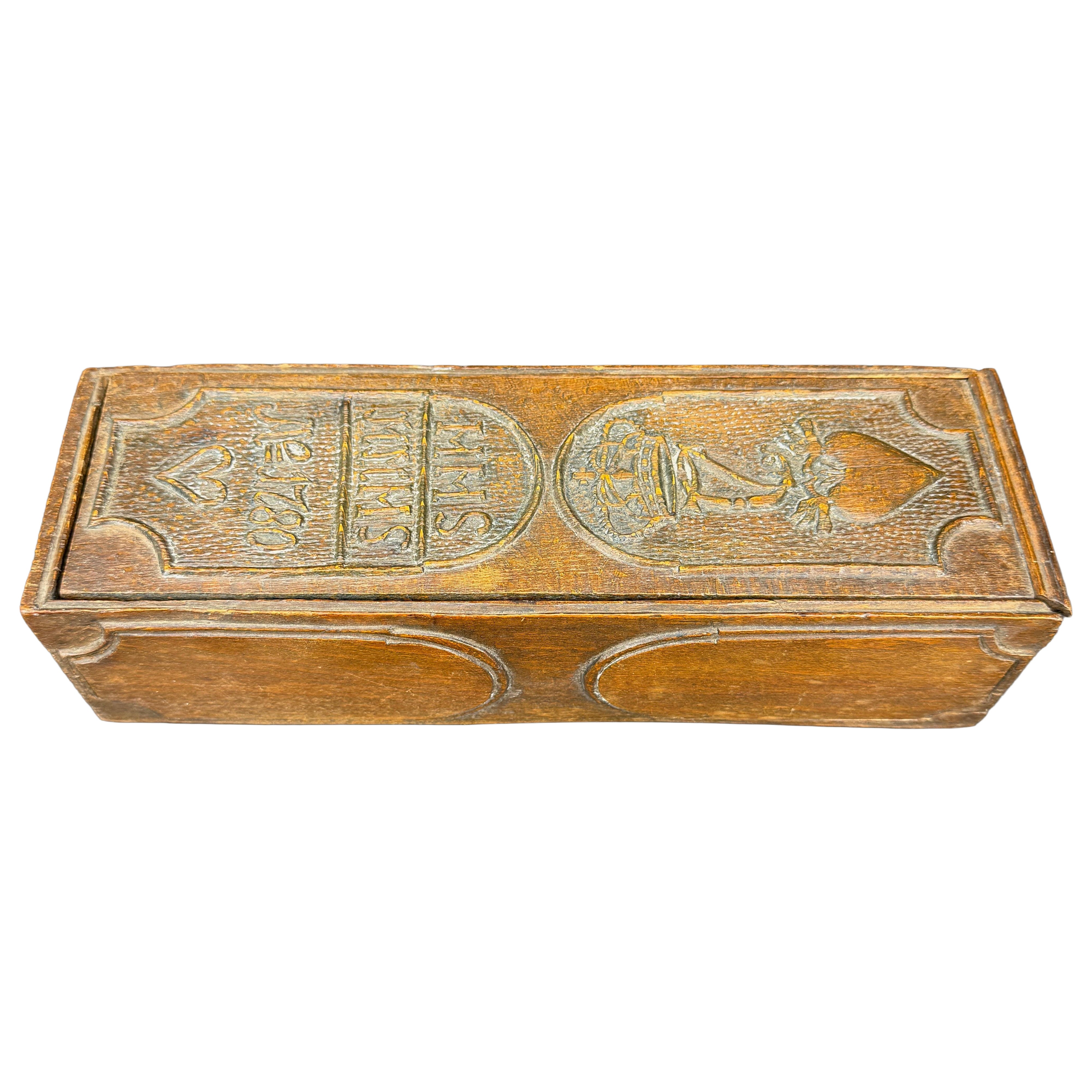 18th Century Scandinavian Rectangular Wood Keepsake Heart Carving Jewelry Box