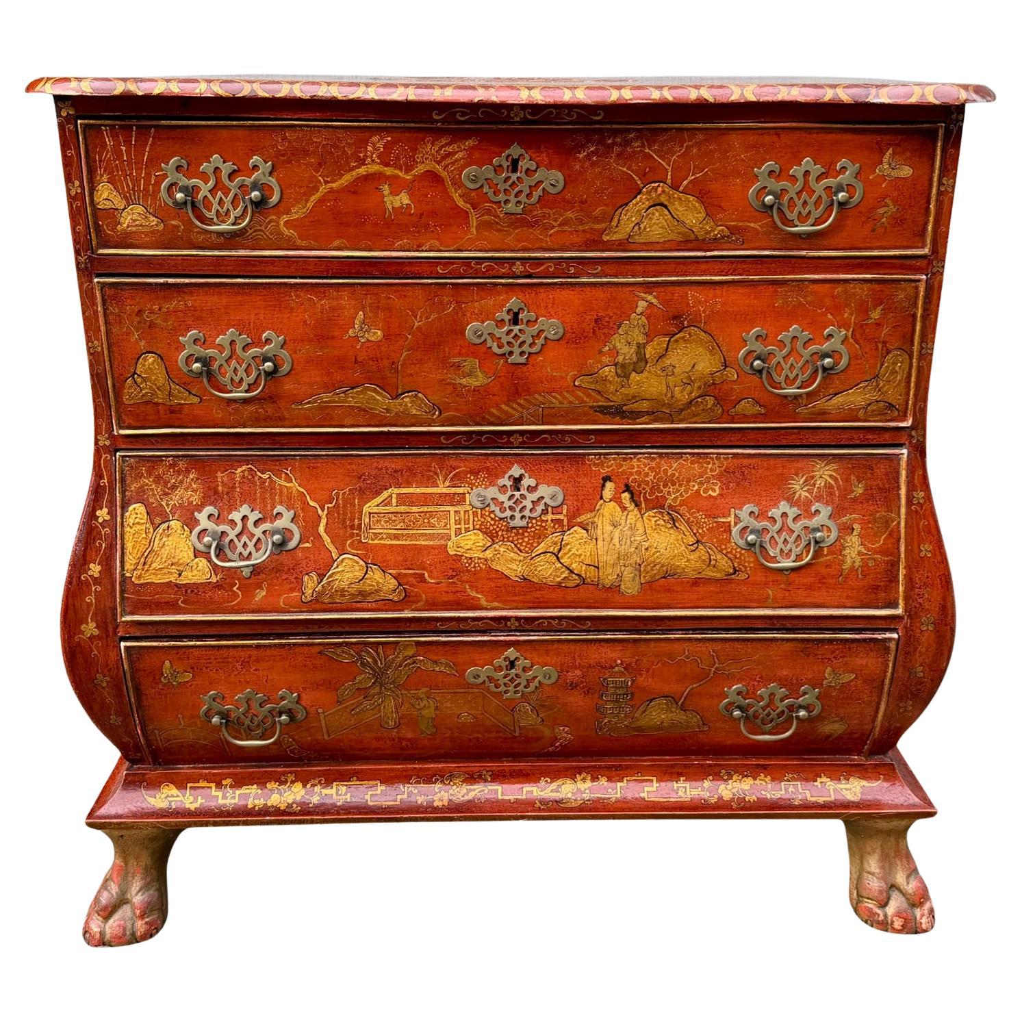 18th Century Scarlet Later Japanned Anglo-Dutch Bombe 4 Drawers Chest For Sale